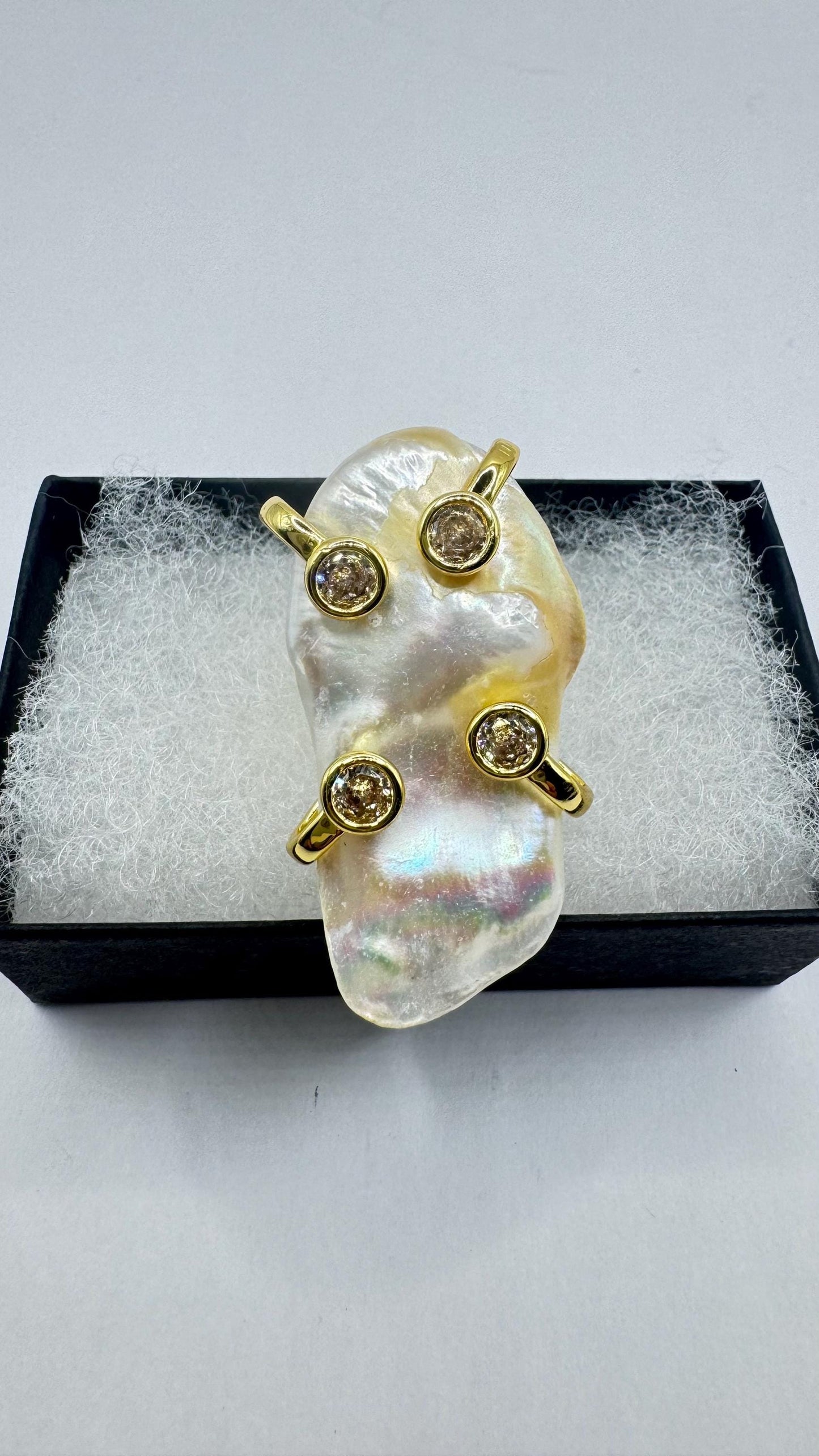 Vintage Biwa Pearl Ring Golden 925 Sterling Silver Cocktail Statement Adjustable