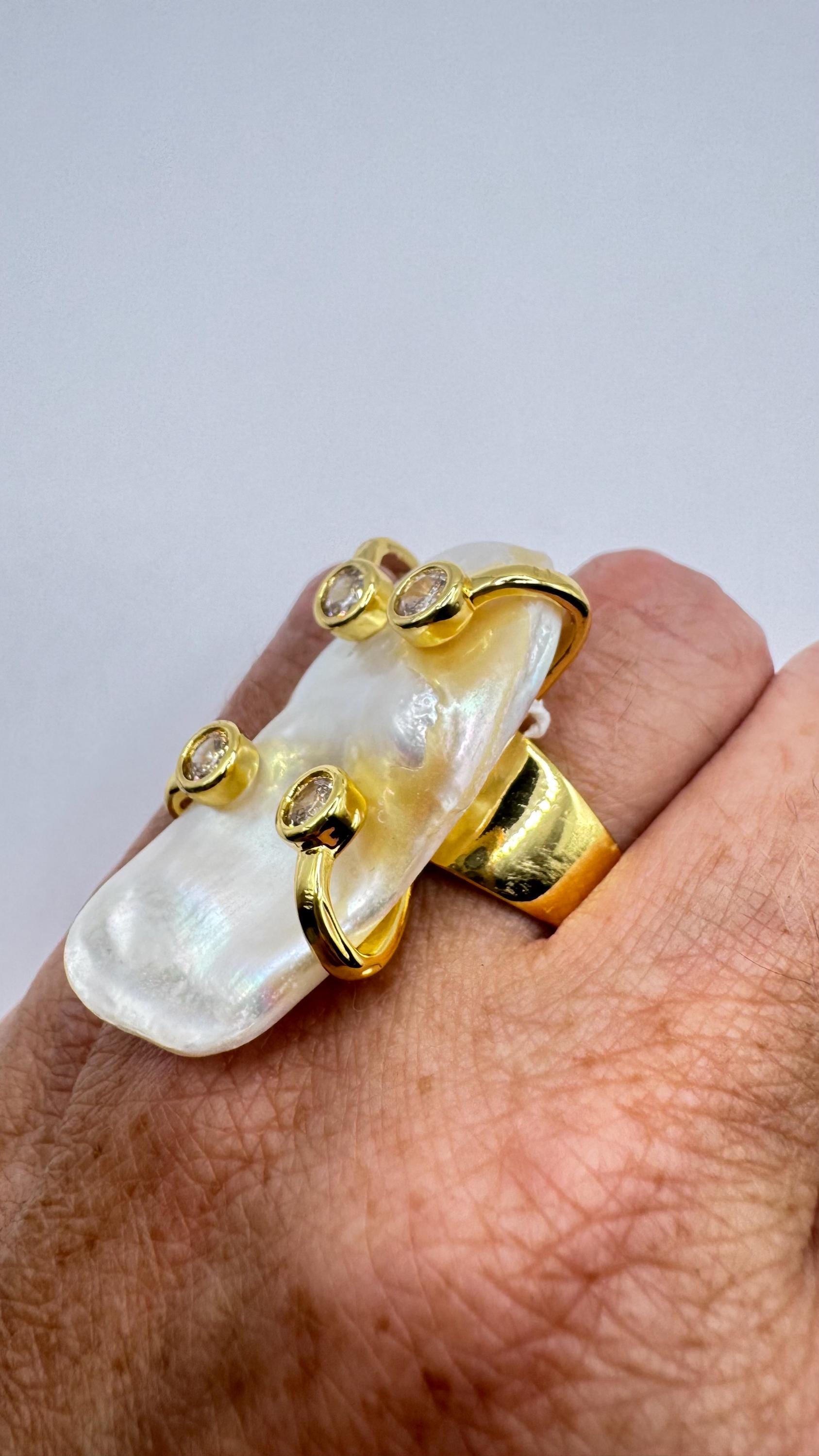 Vintage Biwa Pearl Ring Golden 925 Sterling Silver Cocktail Statement Adjustable