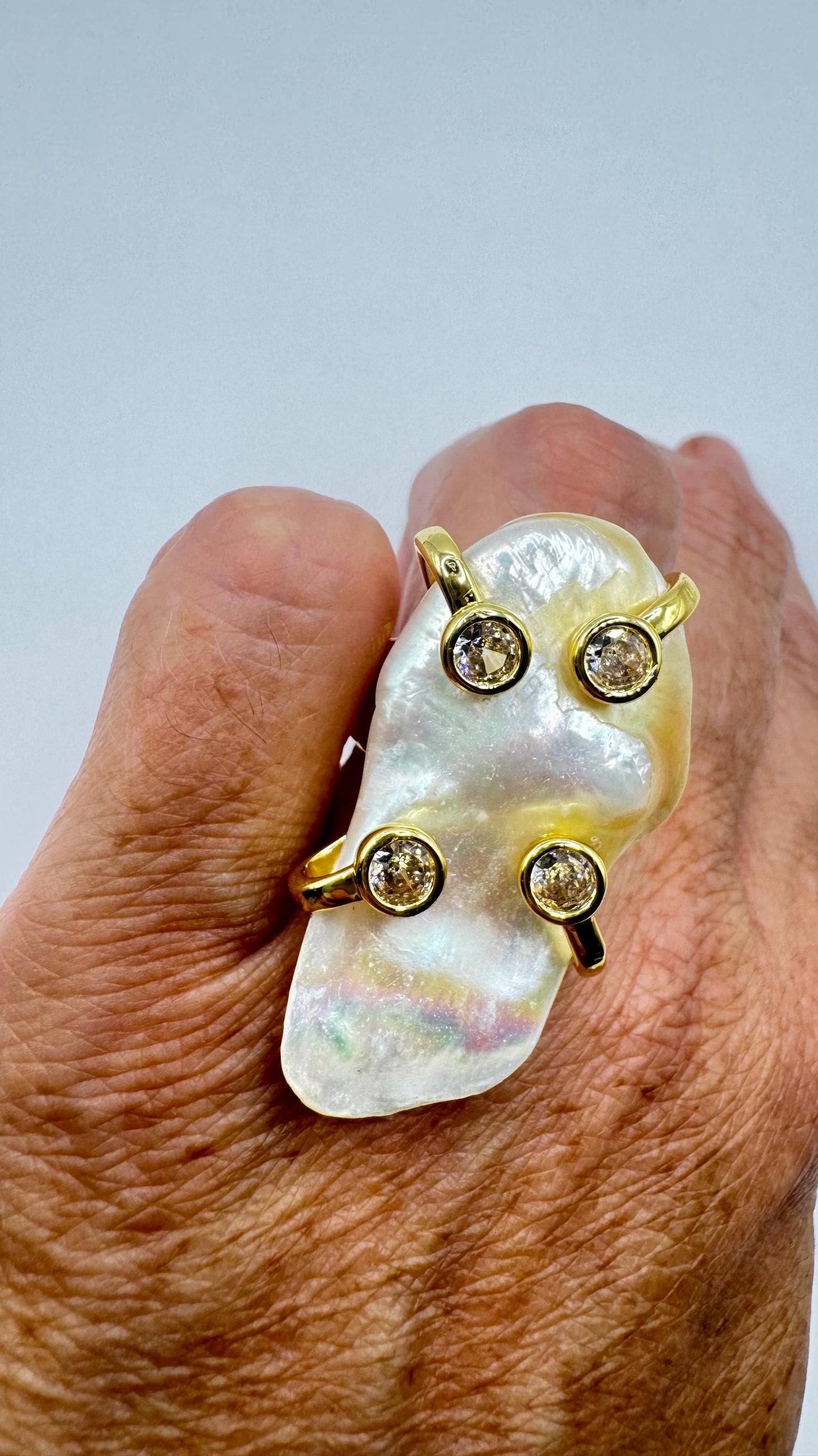 Vintage Biwa Pearl Ring Golden 925 Sterling Silver Cocktail Statement Adjustable