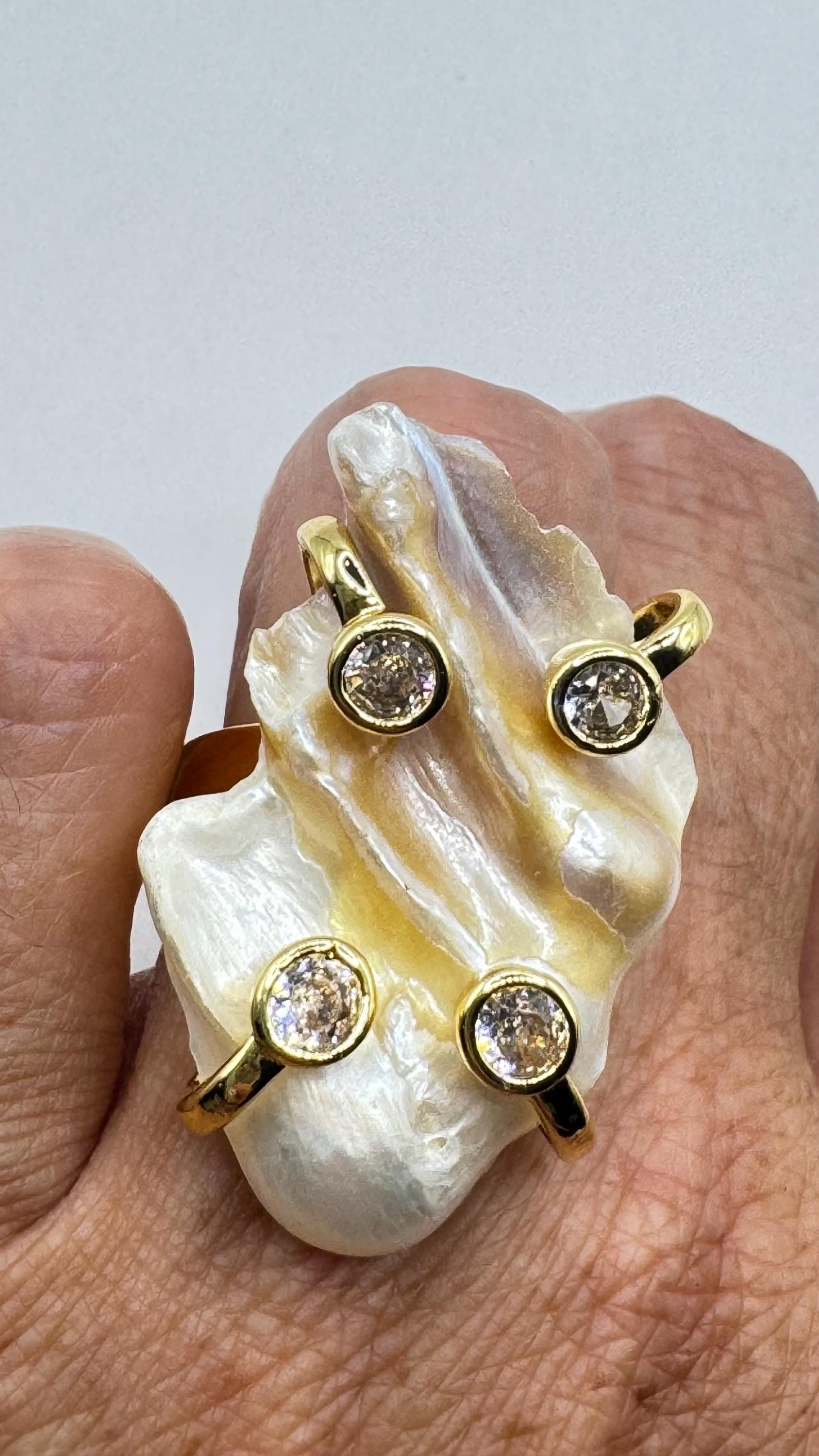 Vintage Biwa Pearl Ring Golden 925 Sterling Silver Cocktail Statement Adjustable