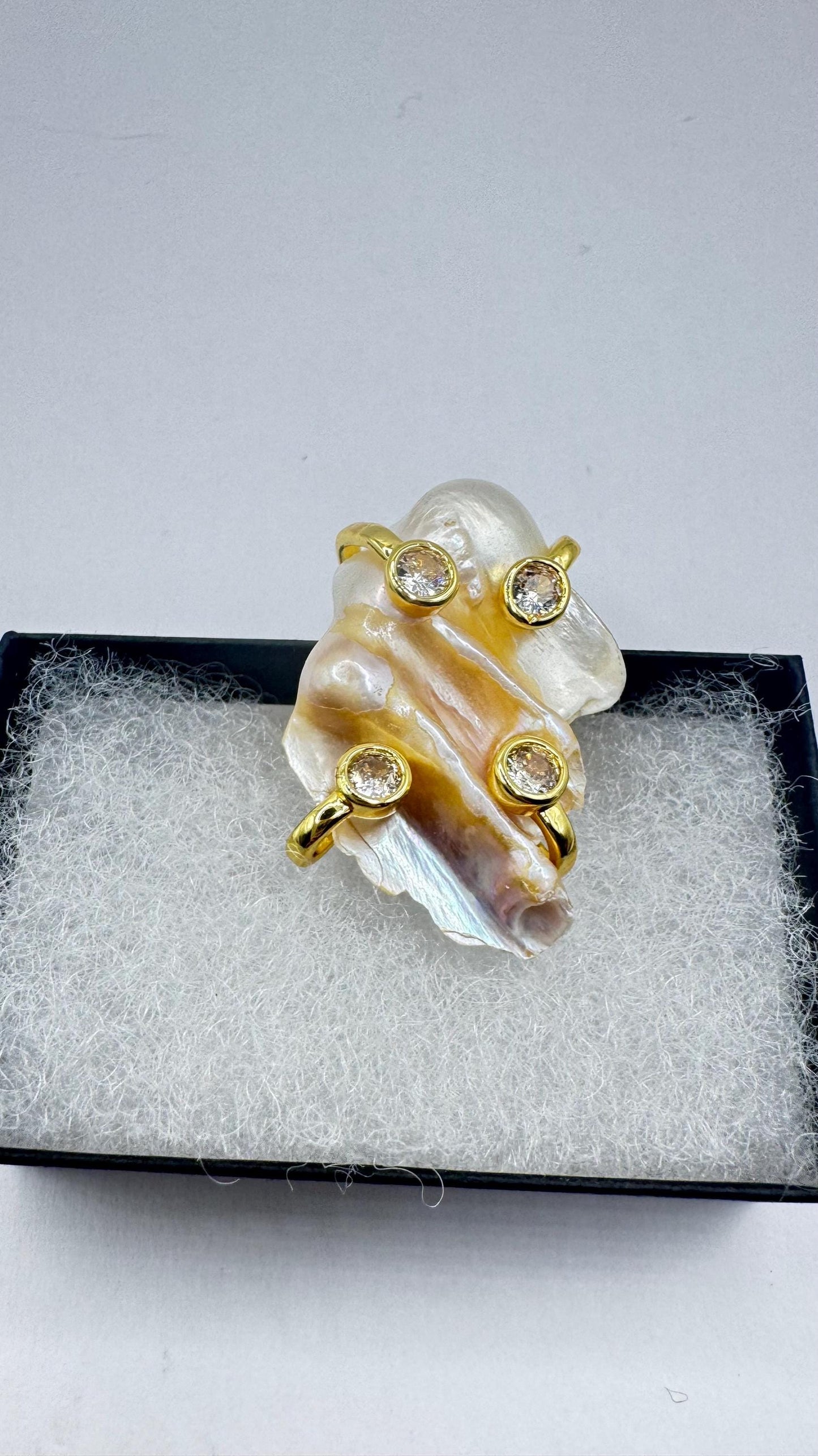 Vintage Biwa Pearl Ring Golden 925 Sterling Silver Cocktail Statement Adjustable