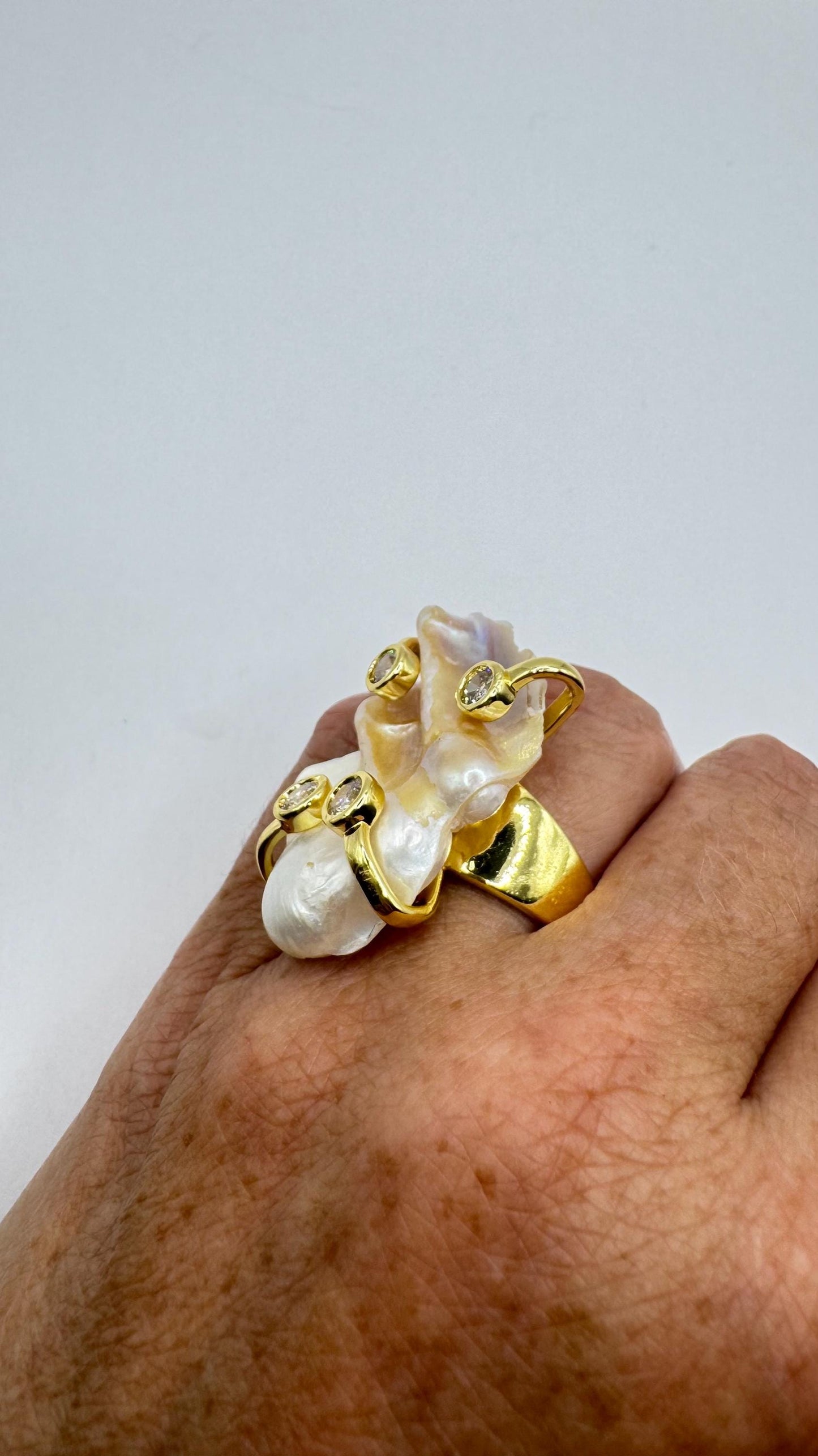 Vintage Biwa Pearl Ring Golden 925 Sterling Silver Cocktail Statement Adjustable