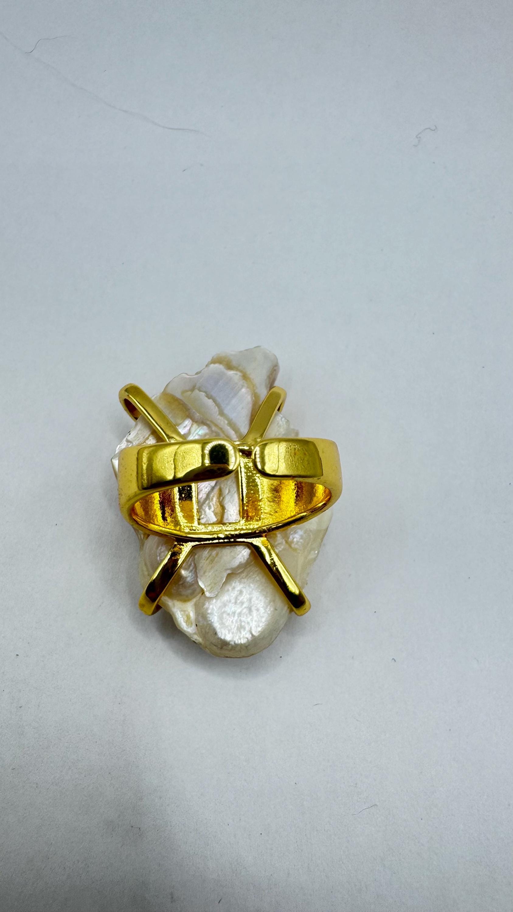 Vintage Biwa Pearl Ring Golden 925 Sterling Silver Cocktail Statement Adjustable