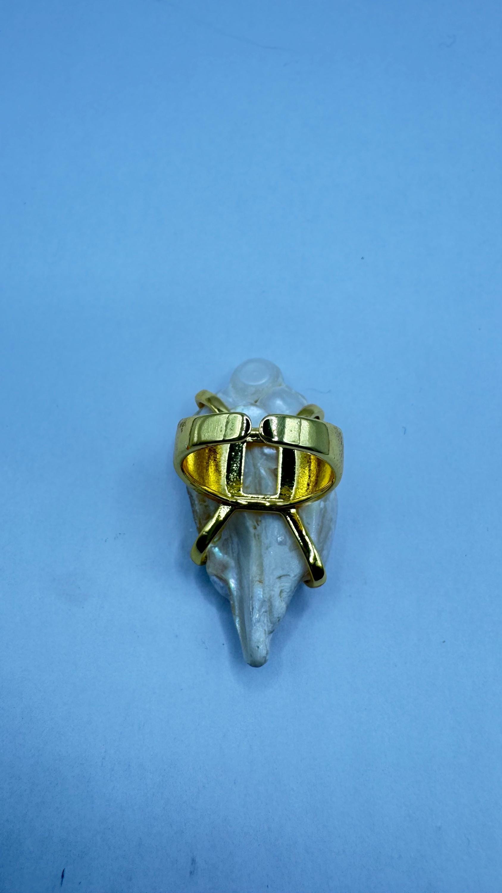Vintage Biwa Pearl Ring Golden 925 Sterling Silver Cocktail Statement Adjustable