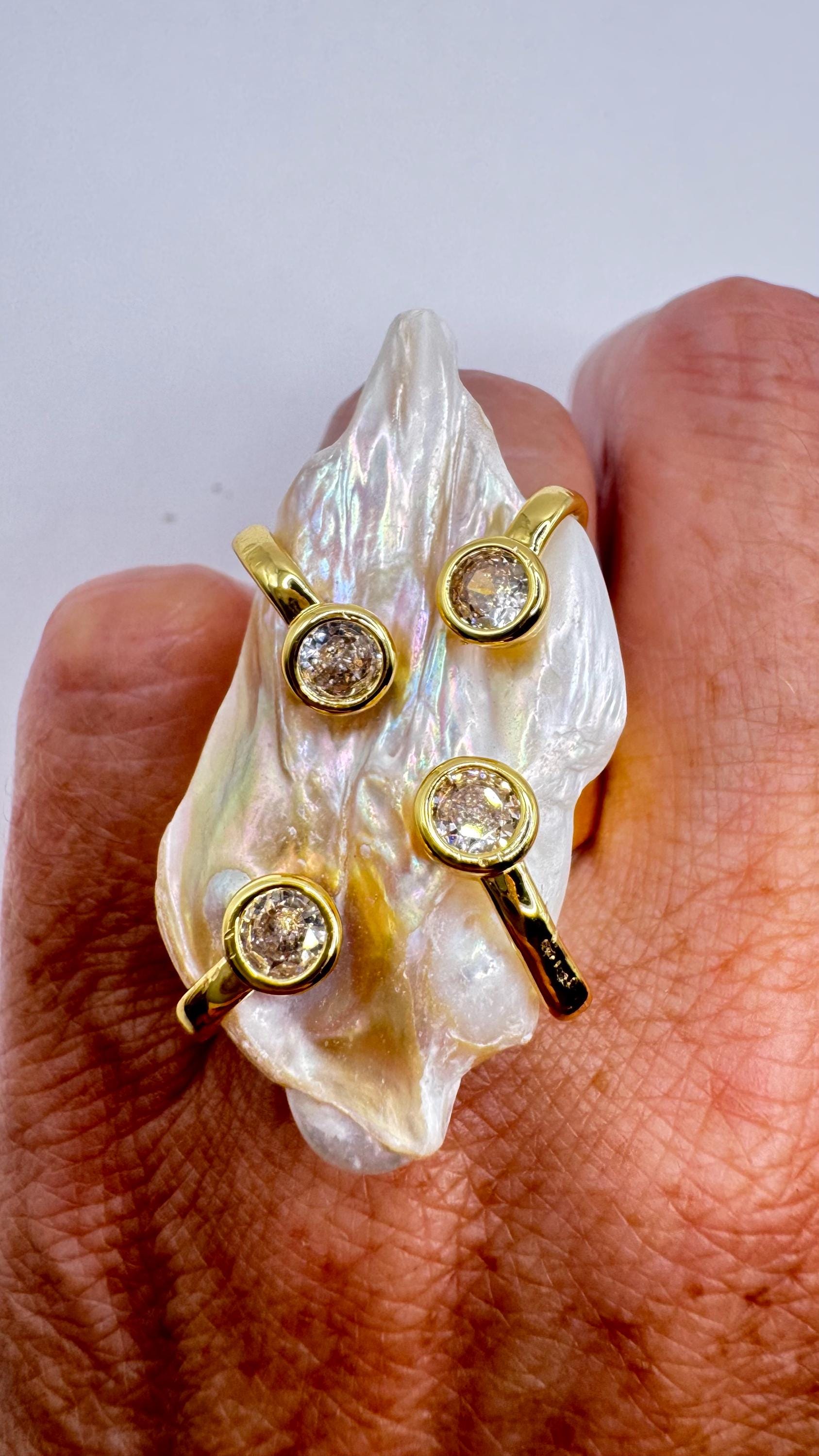 Vintage Biwa Pearl Ring Golden 925 Sterling Silver Cocktail Statement Adjustable