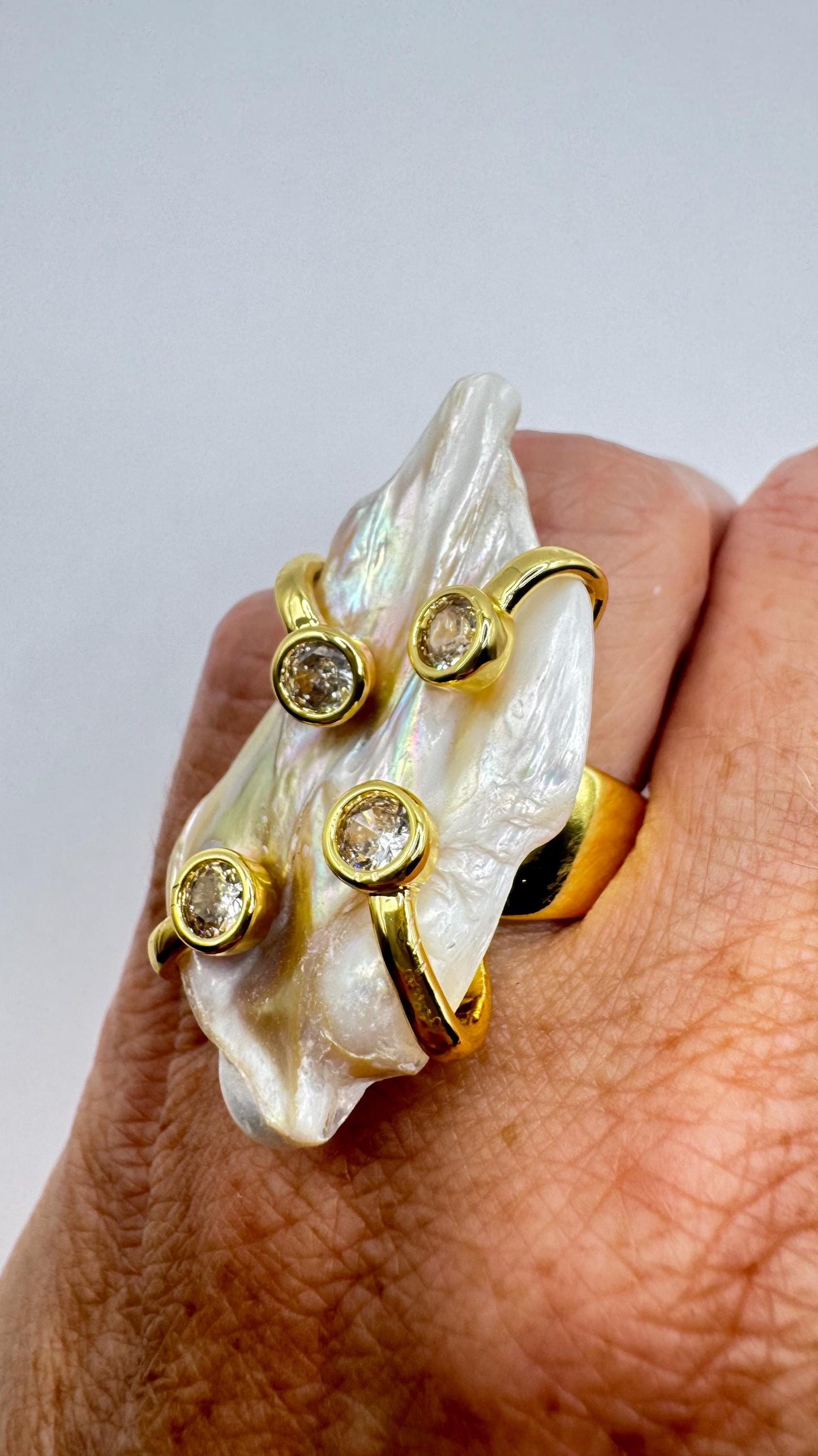 Vintage Biwa Pearl Ring Golden 925 Sterling Silver Cocktail Statement Adjustable
