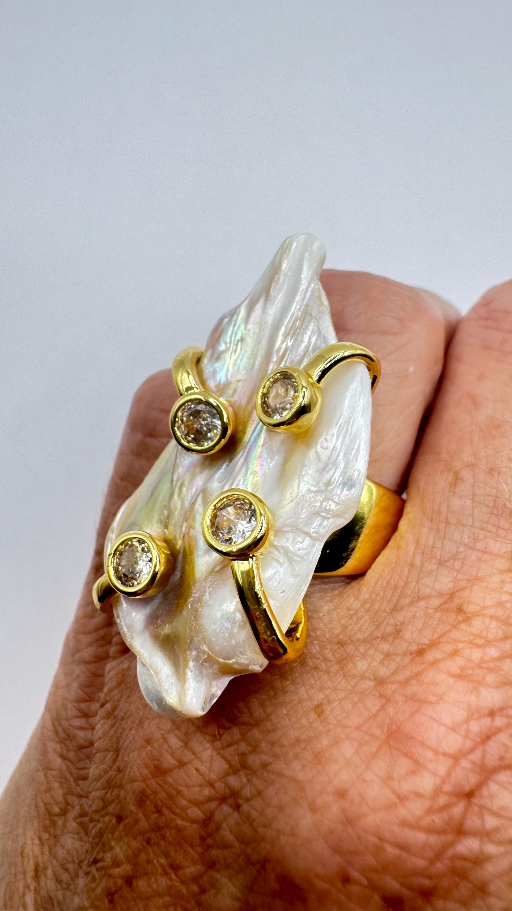 Vintage Biwa Pearl Ring Golden 925 Sterling Silver Cocktail Statement Adjustable