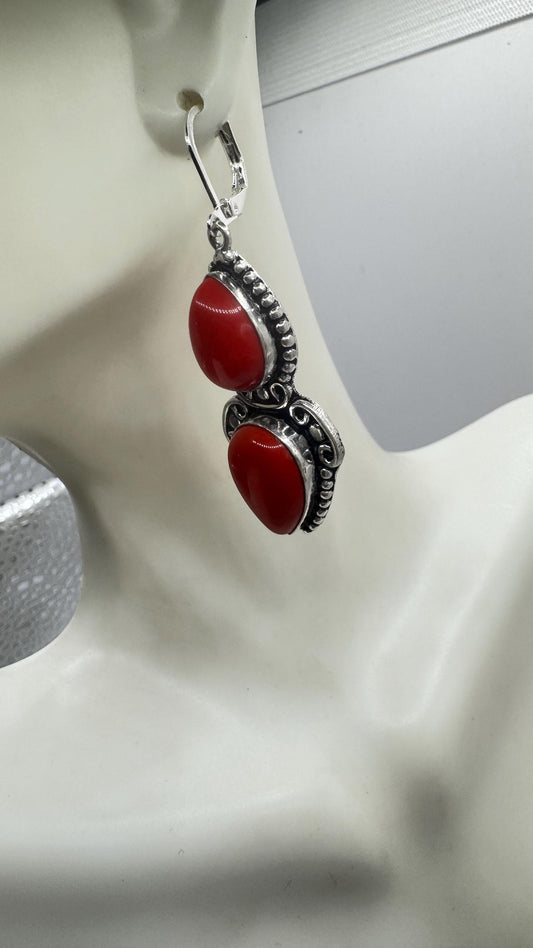 Vintage Red Coral Earrings 925 Sterling Silver Leverback