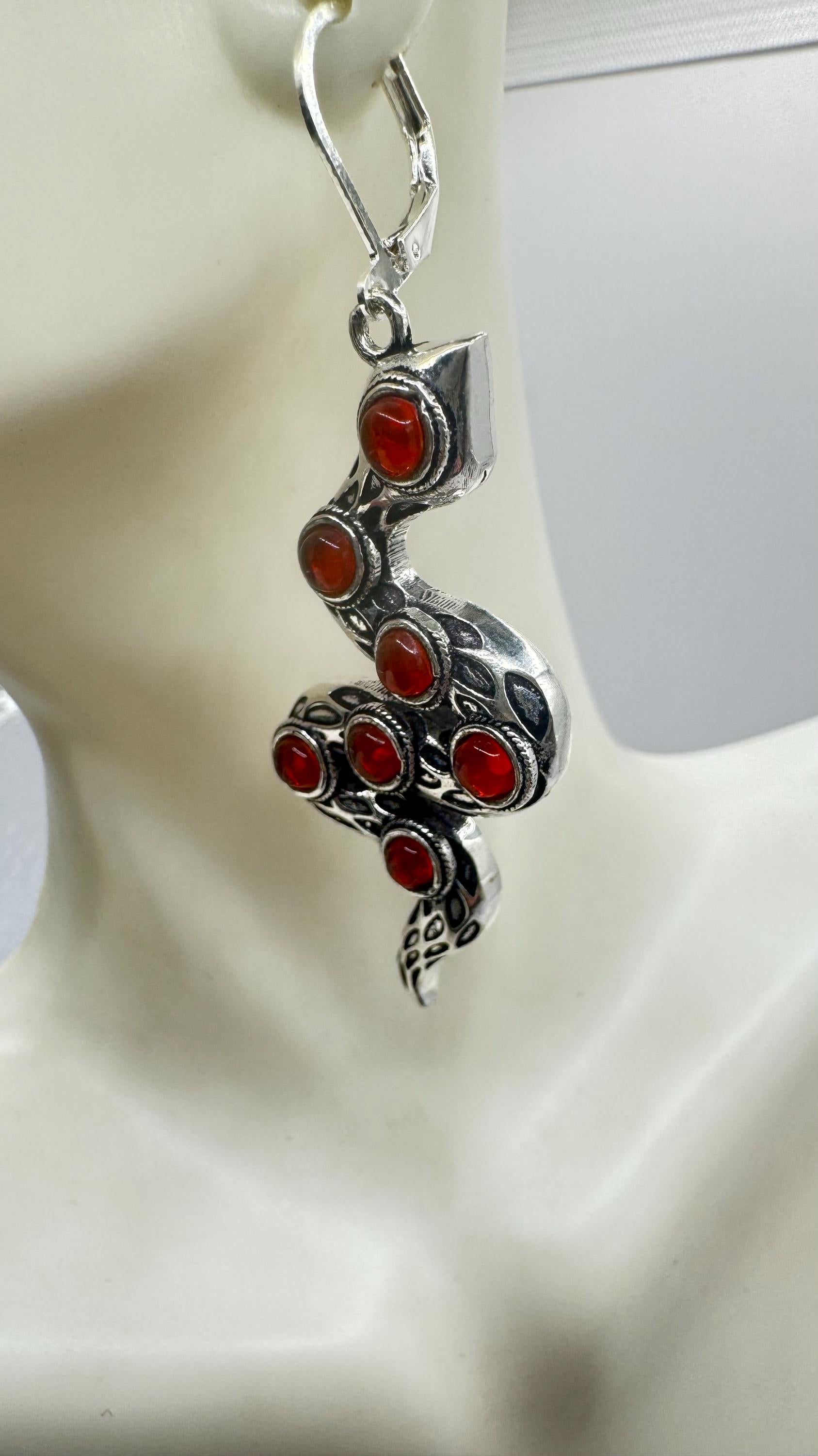 Vintage Genuine Red Carnelian Sterling Silver Snake Serpent Dangle Chandelier Earrings