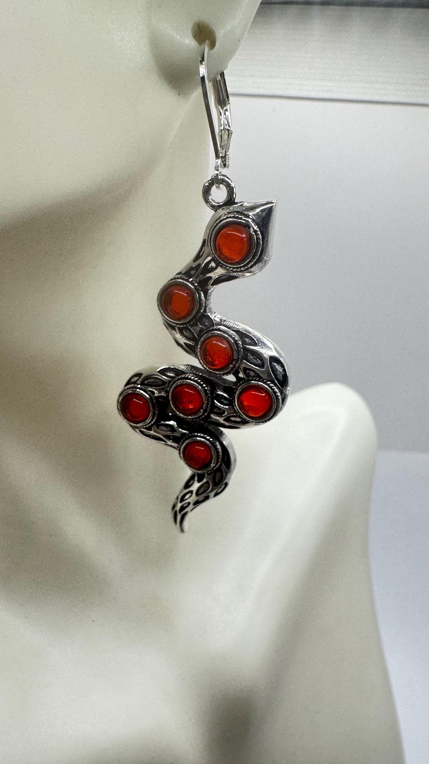 Vintage Genuine Red Carnelian Sterling Silver Snake Serpent Dangle Chandelier Earrings
