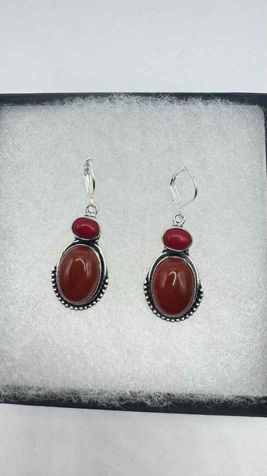Vintage Red Coral and Carnelian Earrings 925 Sterling Silver Leverback