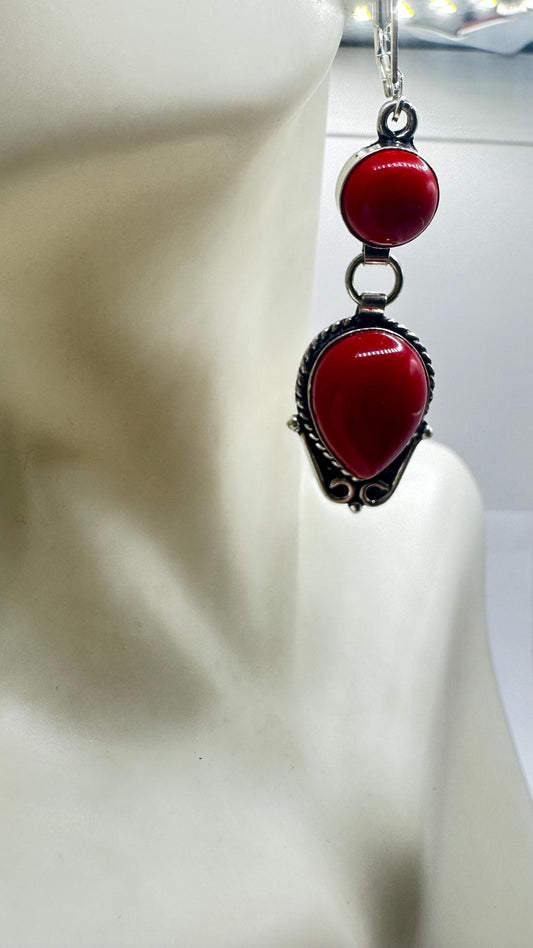Vintage Red Coral Earrings 925 Sterling Silver Leverback
