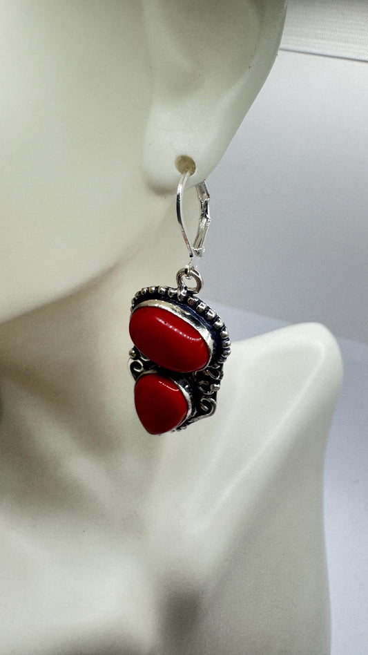 Vintage Red Coral Earrings 925 Sterling Silver Leverback