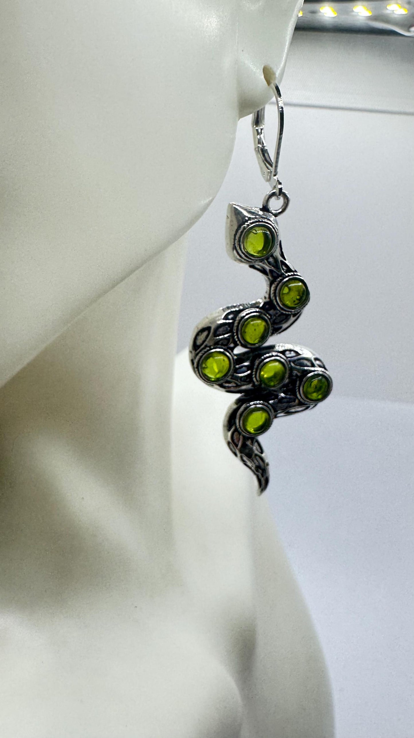 Vintage Genuine Green Peridot Sterling Silver Snake Serpent Dangle Chandelier Earrings