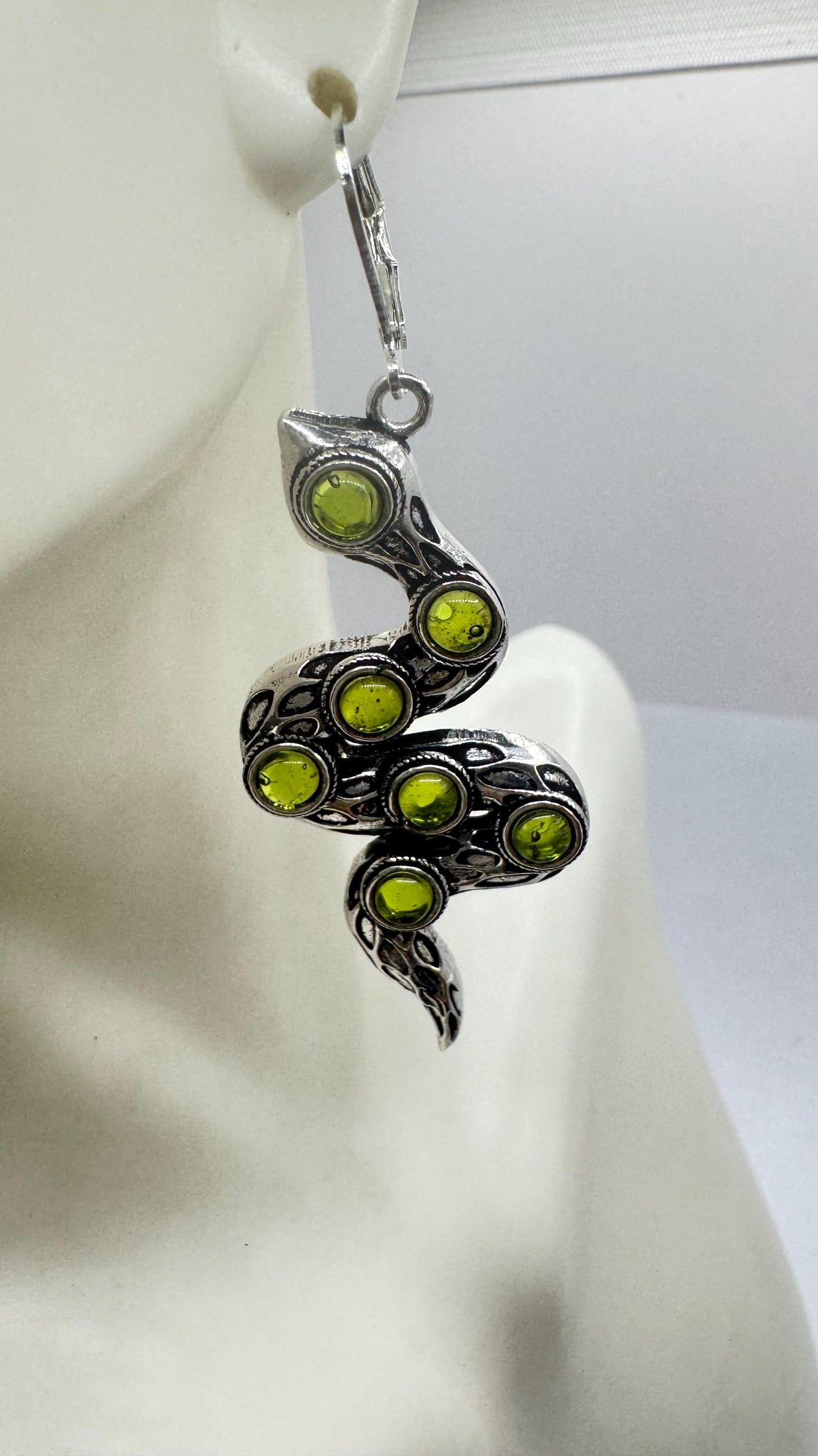 Vintage Genuine Green Peridot Sterling Silver Snake Serpent Dangle Chandelier Earrings