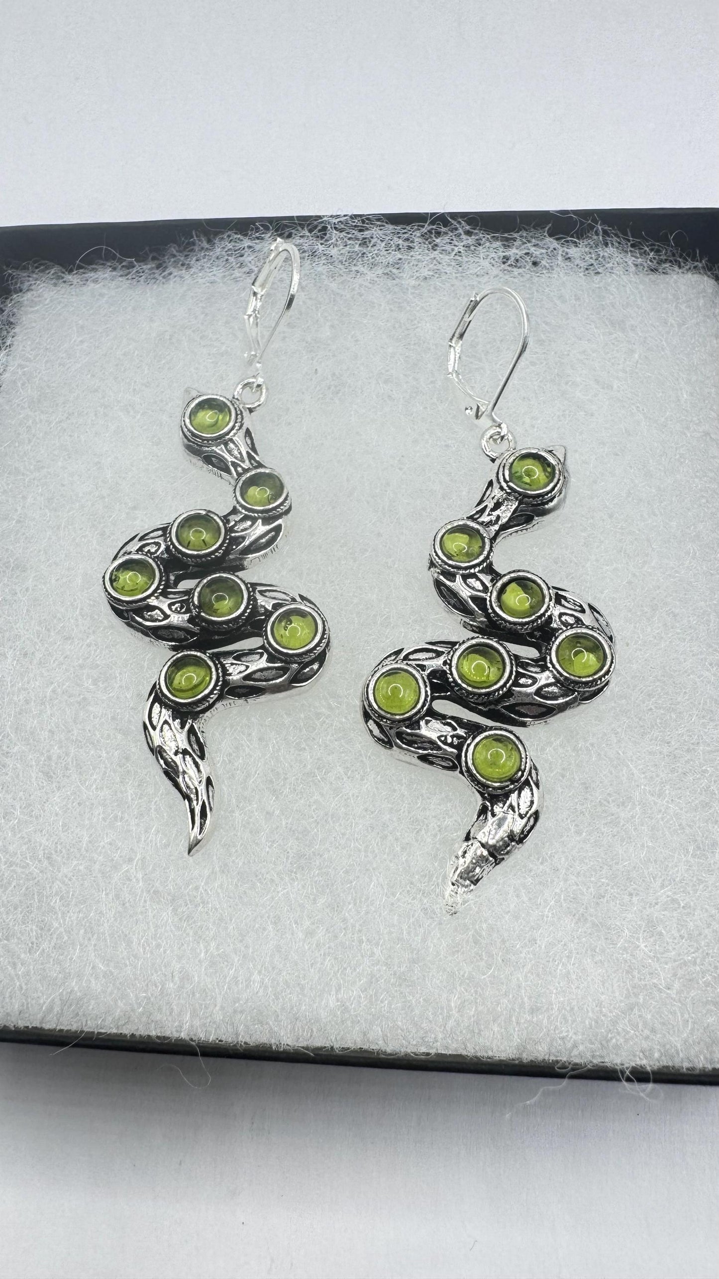 Vintage Genuine Green Peridot Sterling Silver Snake Serpent Dangle Chandelier Earrings