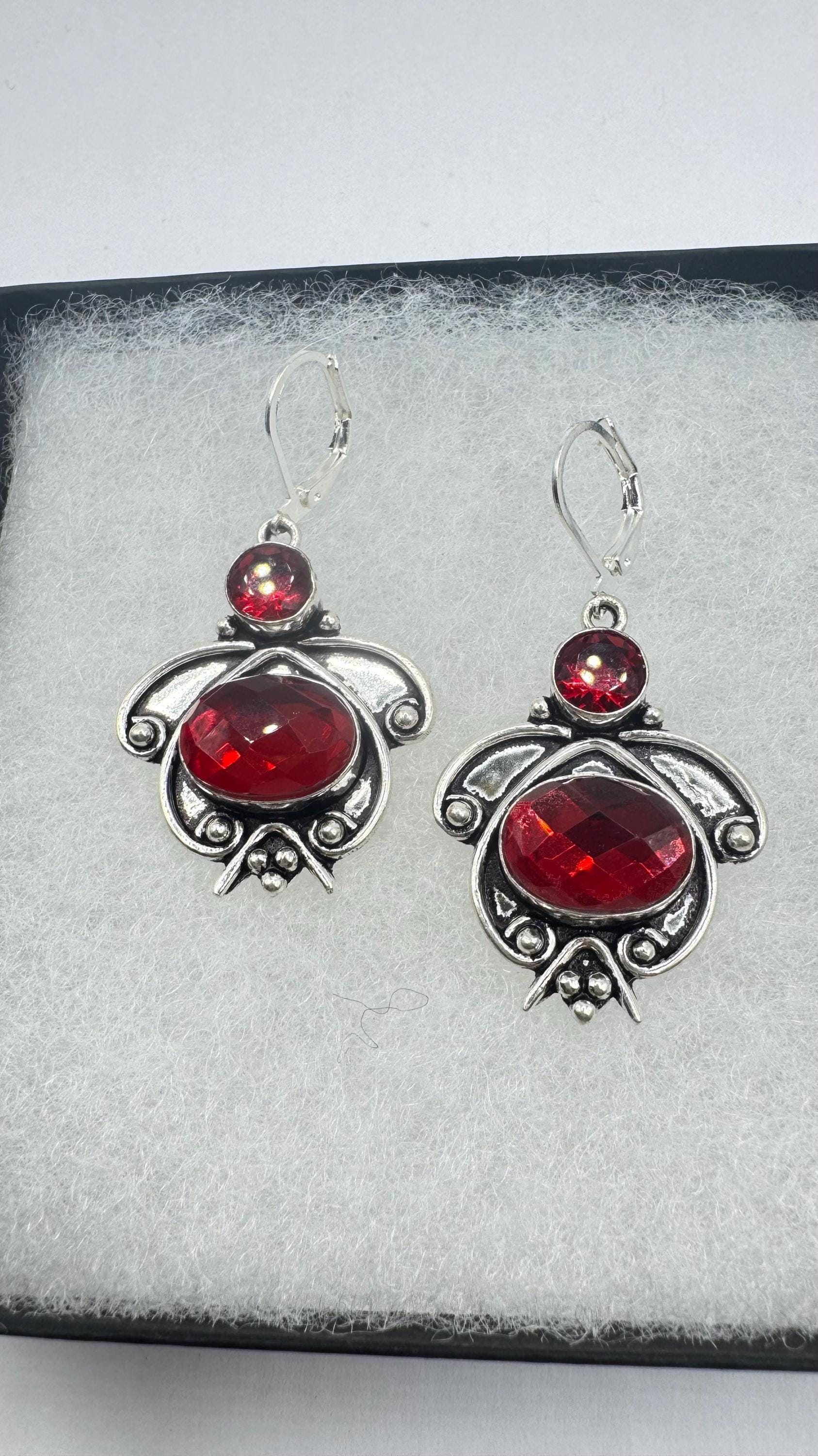 Antique Vintage Red Ruby Glass Silver Dangle Earrings