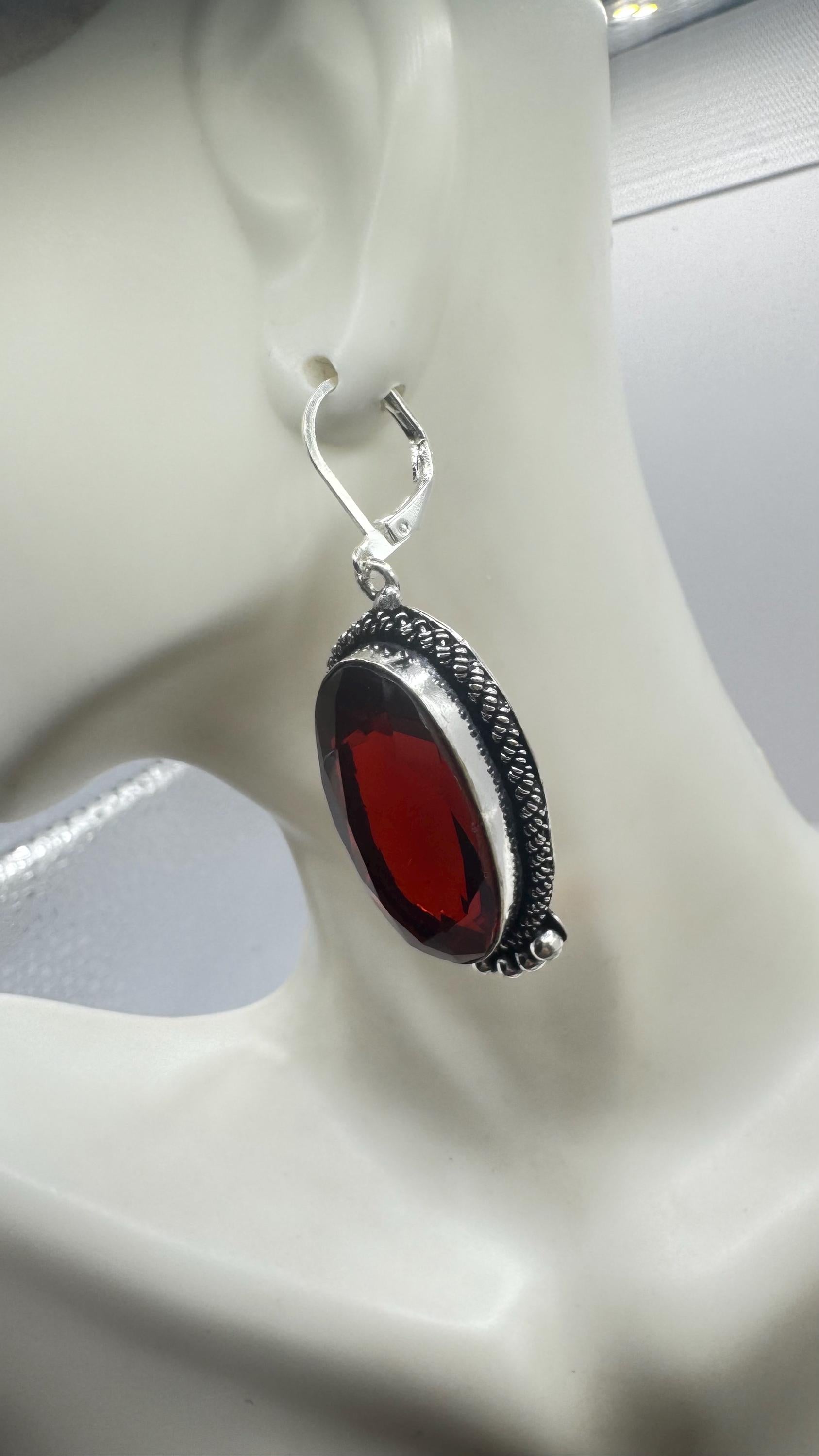 Vintage Red Ruby Glass Earrings 925 Sterling Silver Leverback