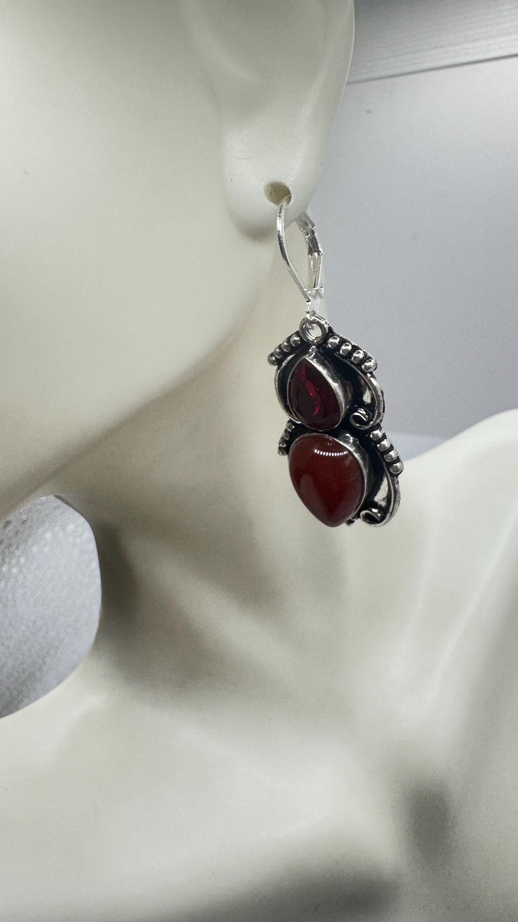 Antique vintage Red Ruby glass and Carnelian Silver dangle earrings