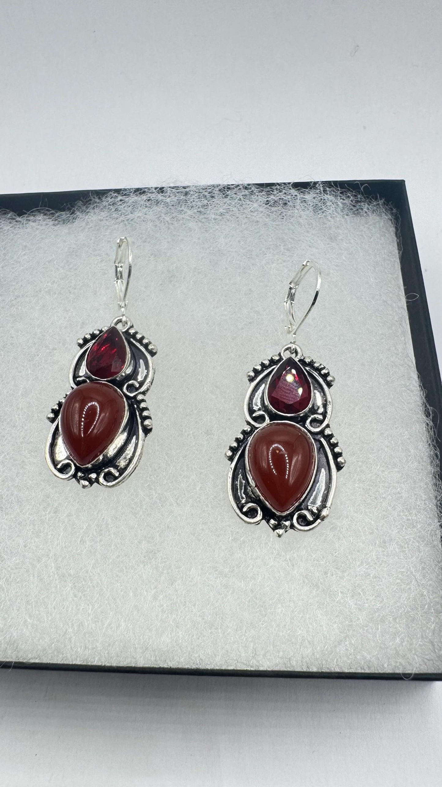 Antique vintage Red Ruby glass and Carnelian Silver dangle earrings
