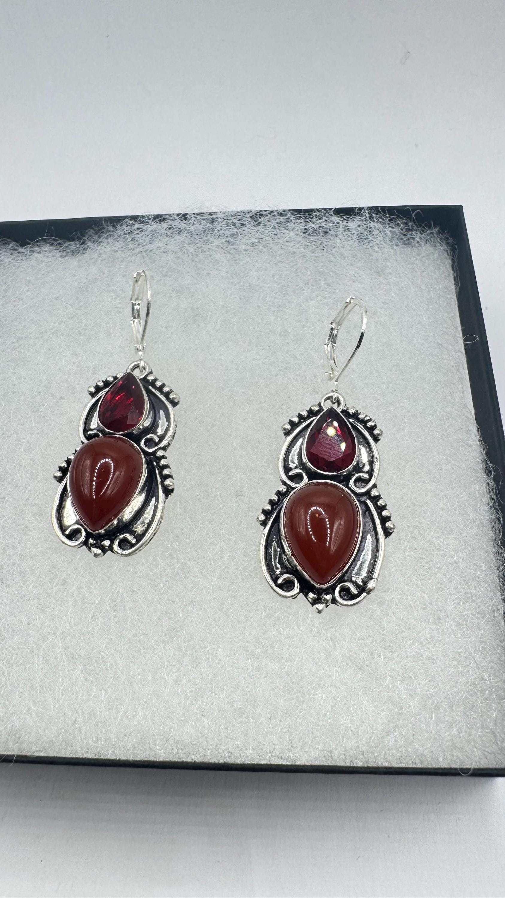 Antique vintage Red Ruby glass and Carnelian Silver dangle earrings