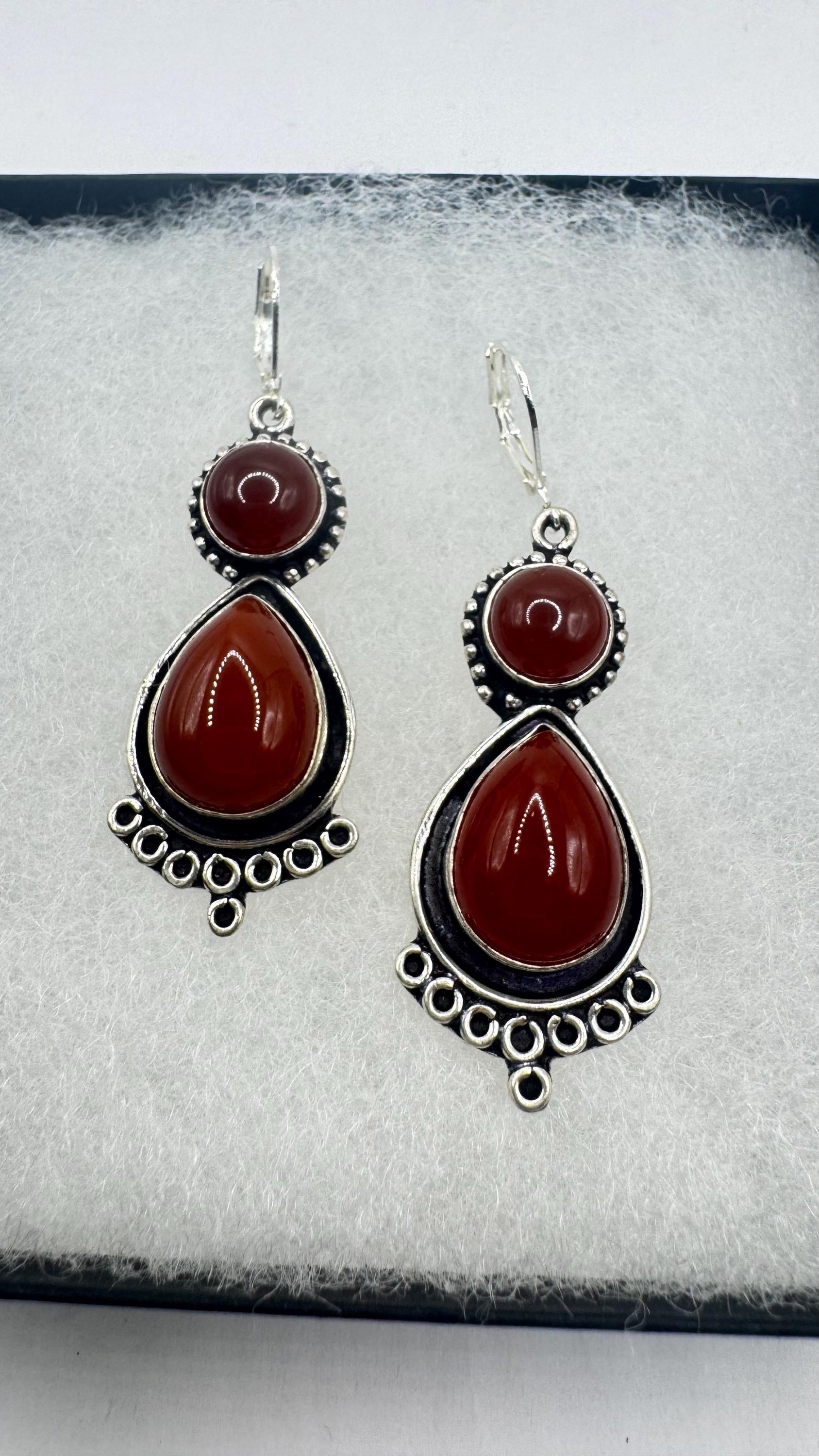 Vintage Genuine are Carnelian 925 Sterling lever backs Silver Filligree Dangle Chandelier Earrings