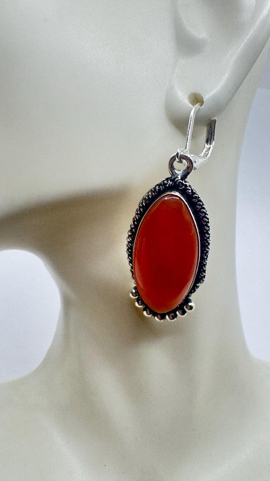 Vintage Genuine are Carnelian 925 Sterling lever backs Silver Filligree Dangle Chandelier Earrings
