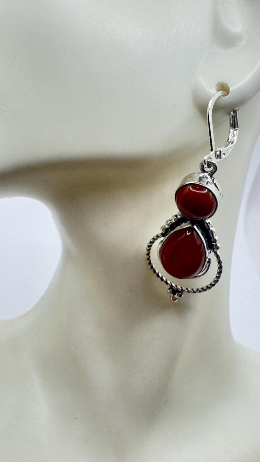 Vintage Genuine are Carnelian 925 Sterling lever backs Silver Filligree Dangle Chandelier Earrings