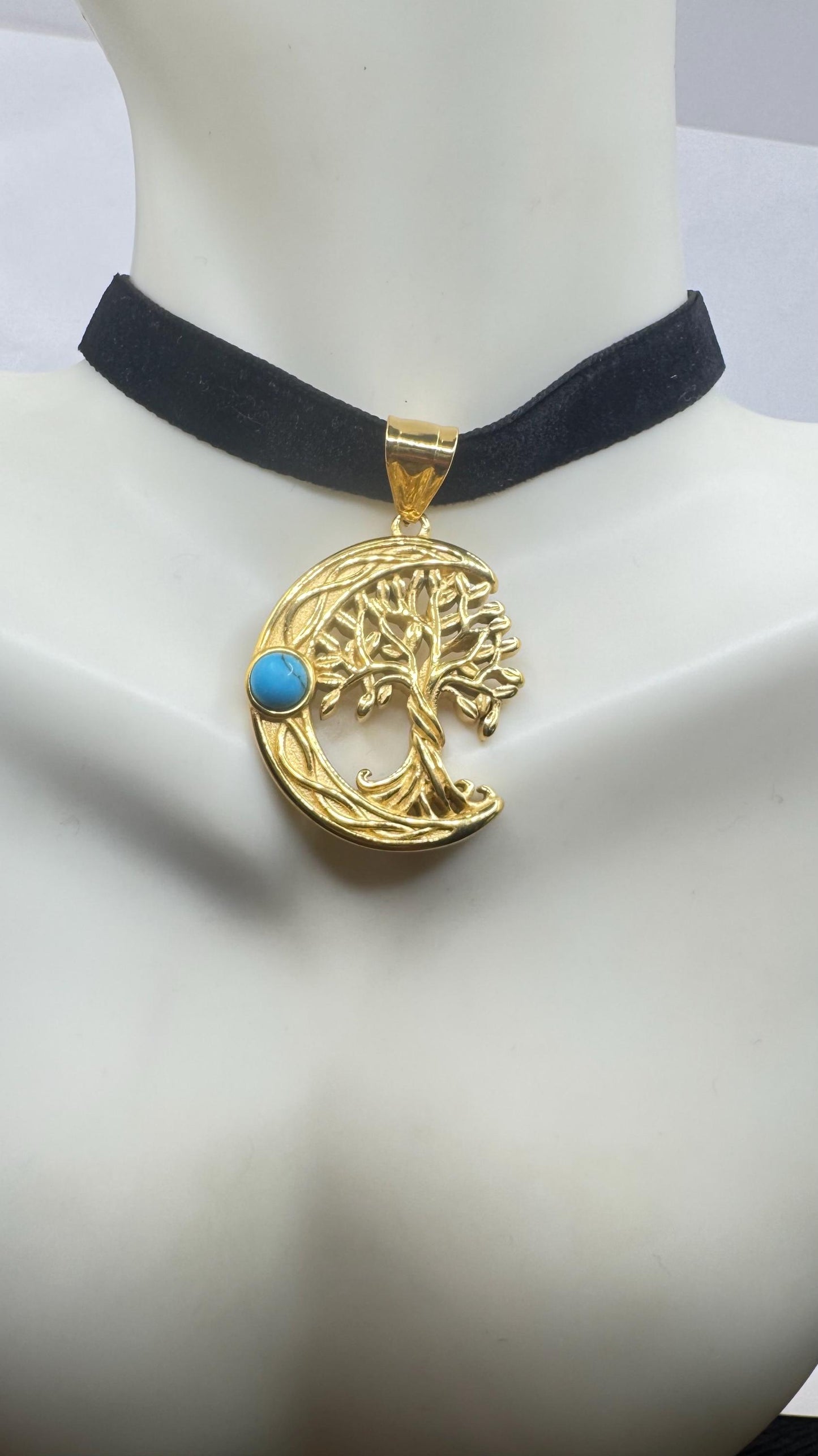 Vintage turquoise Silver Stainless Steel moon and tree of life Choker Necklace
