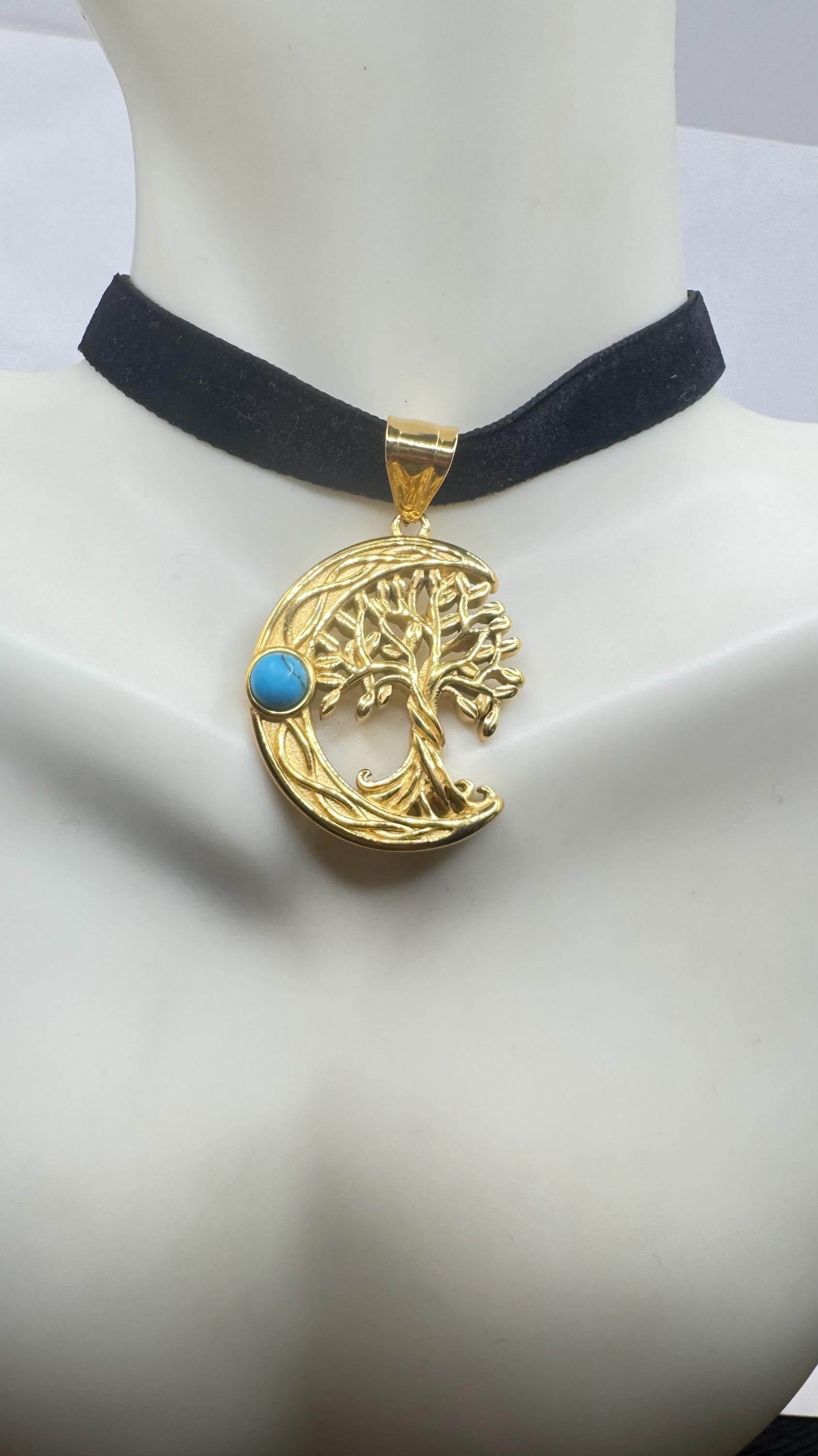 Vintage turquoise Silver Stainless Steel moon and tree of life Choker Necklace