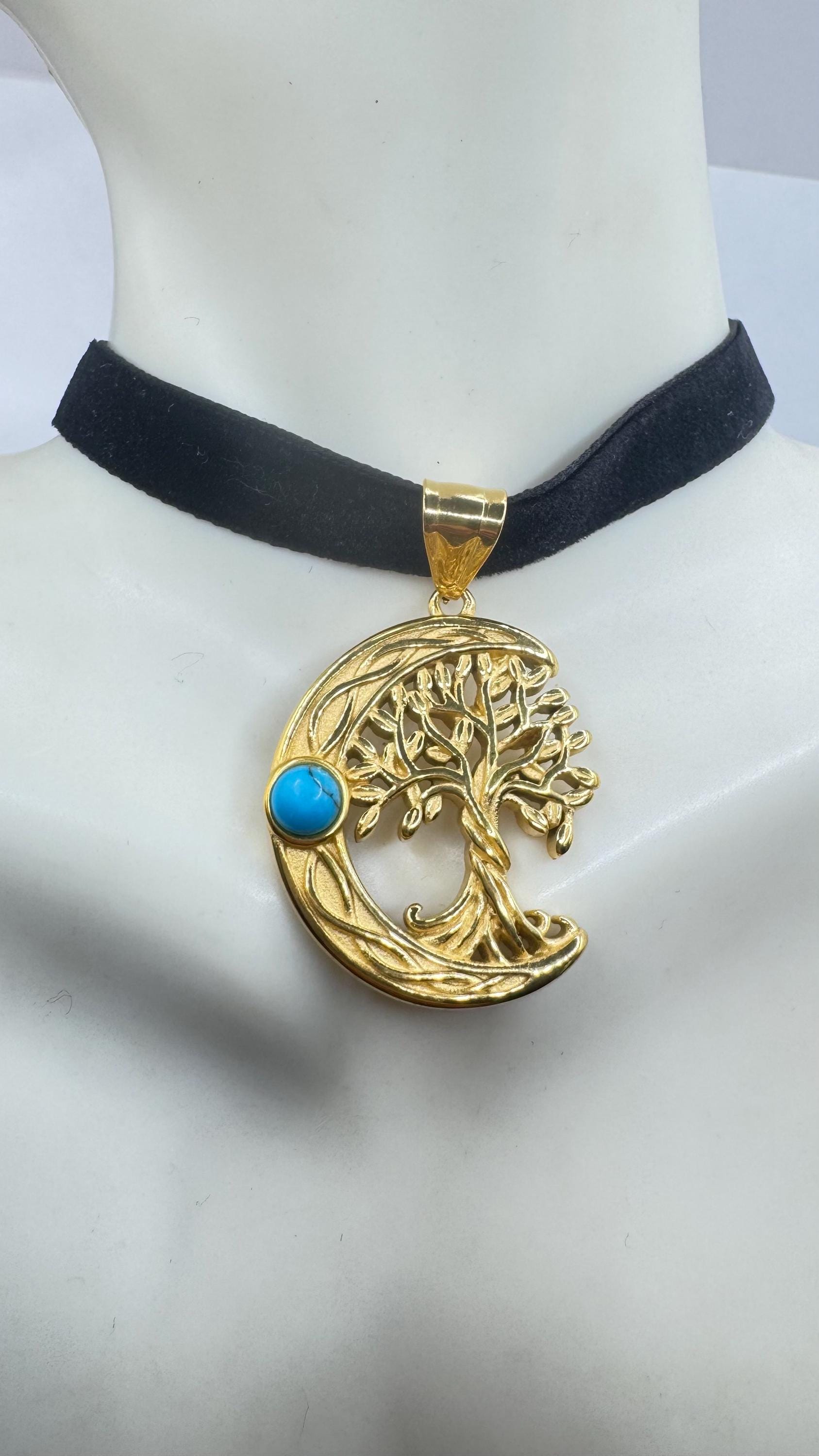 Vintage turquoise Silver Stainless Steel moon and tree of life Choker Necklace