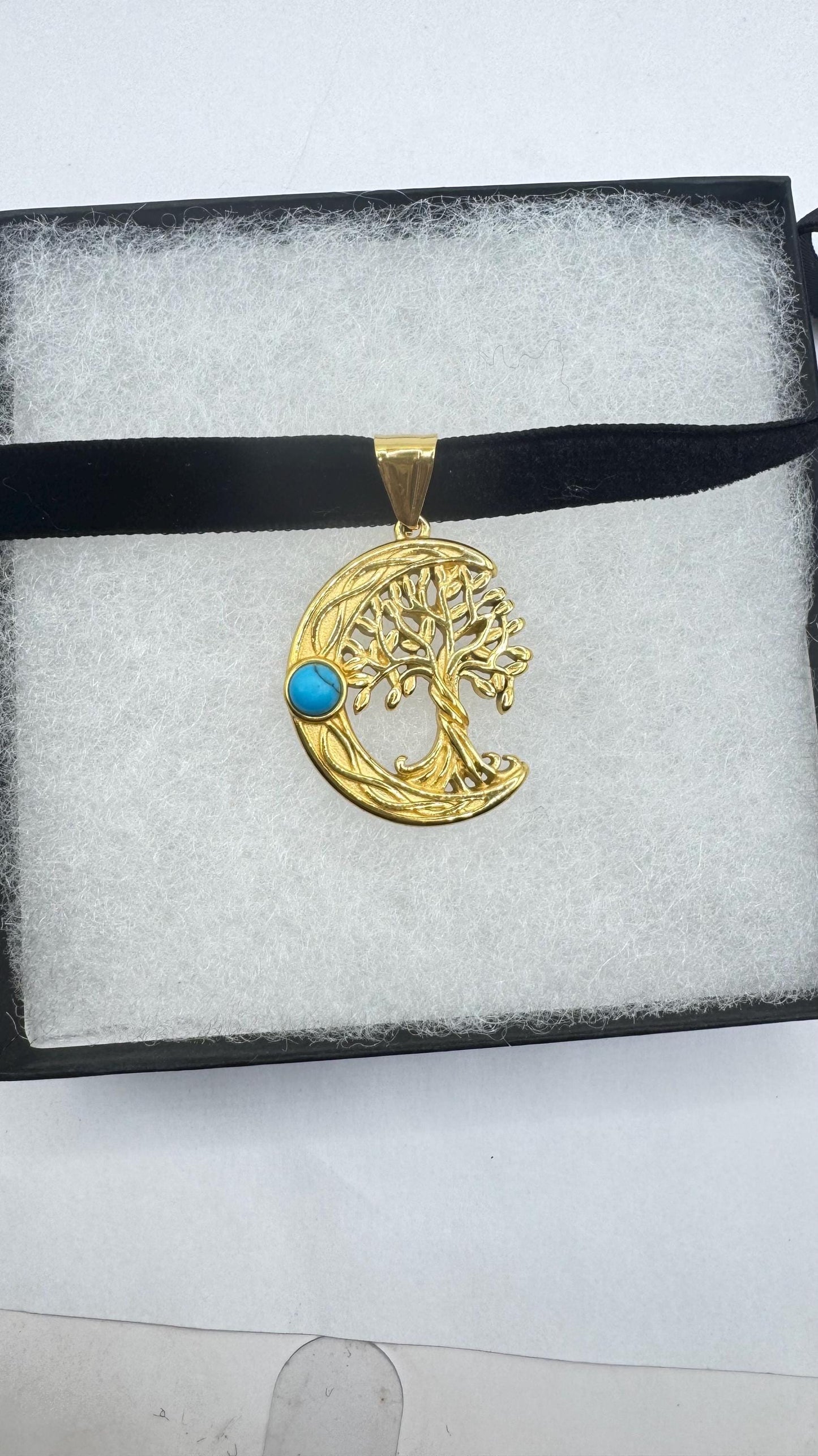 Vintage turquoise Silver Stainless Steel moon and tree of life Choker Necklace