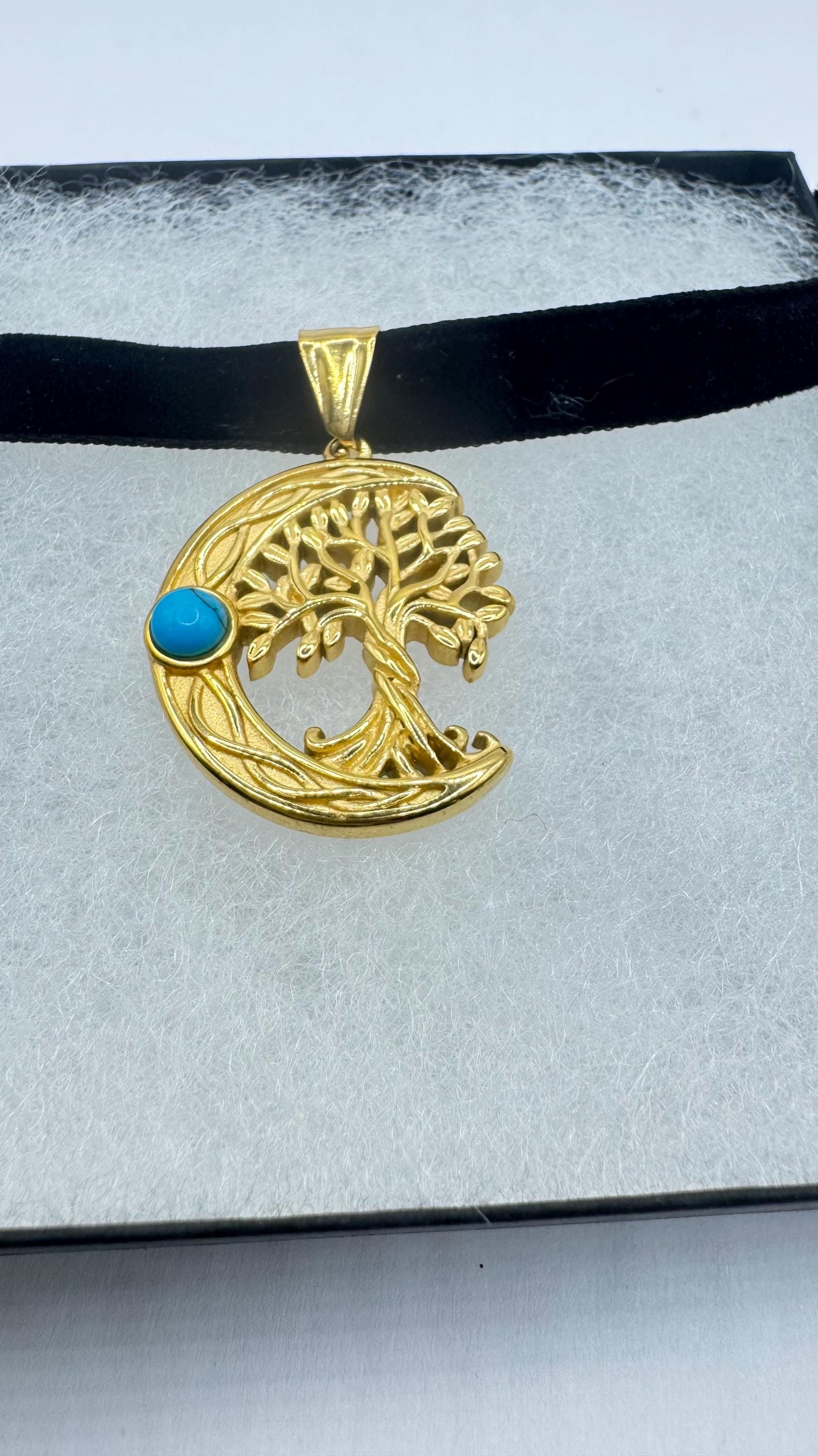 Vintage turquoise Silver Stainless Steel moon and tree of life Choker Necklace