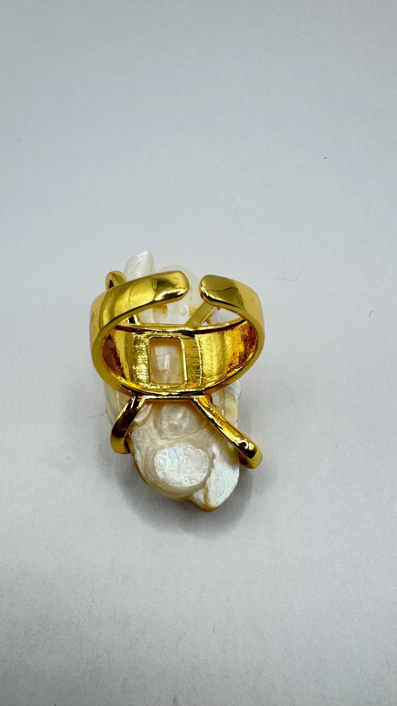 Vintage Biwa Pearl Ring Golden 925 Sterling Silver Cocktail Statement Adjustable