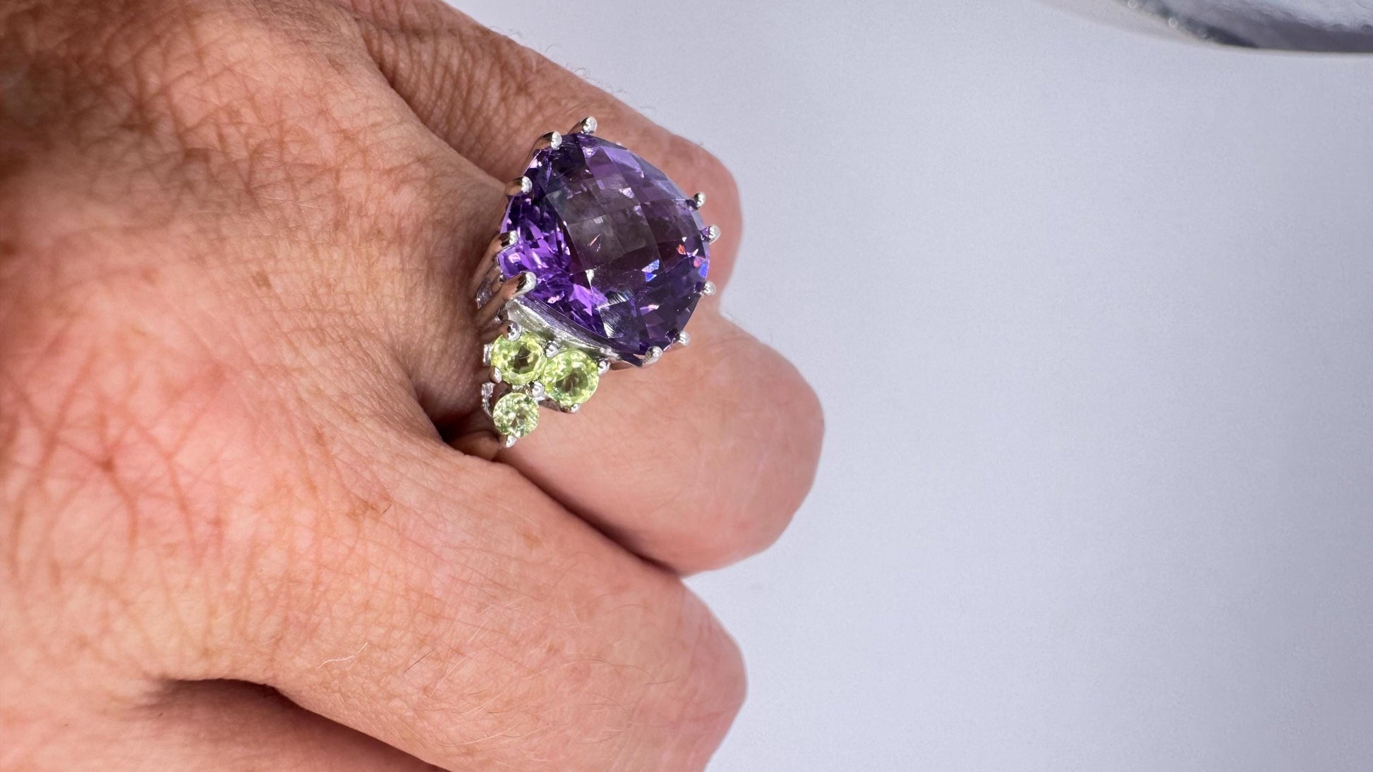 Vintage Purple Amethyst Peridot Cocktail Ring Deco 925 Sterling Silver