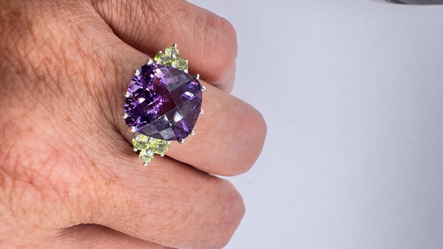 Vintage Purple Amethyst Peridot Cocktail Ring Deco 925 Sterling Silver