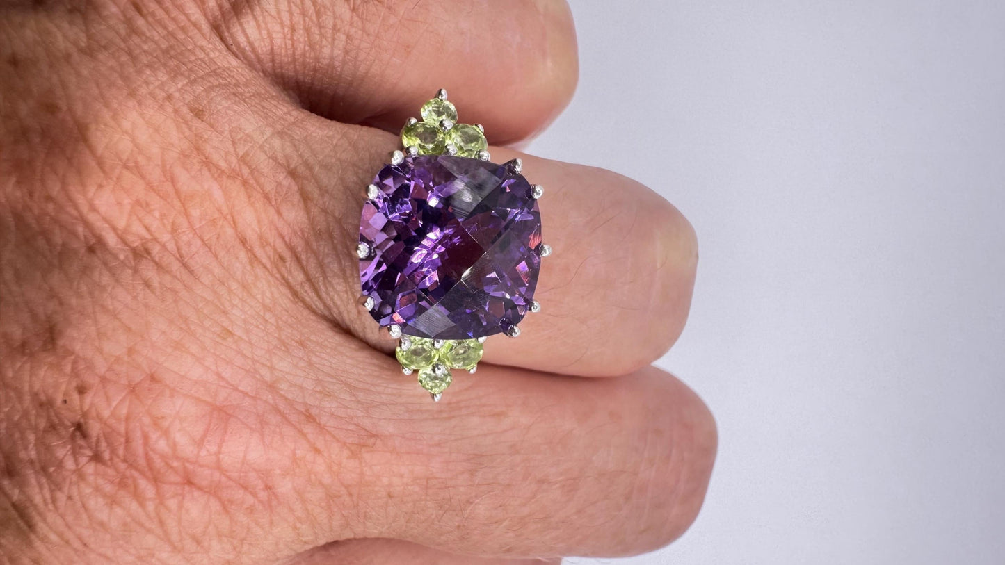 Vintage Purple Amethyst Peridot Cocktail Ring Deco 925 Sterling Silver