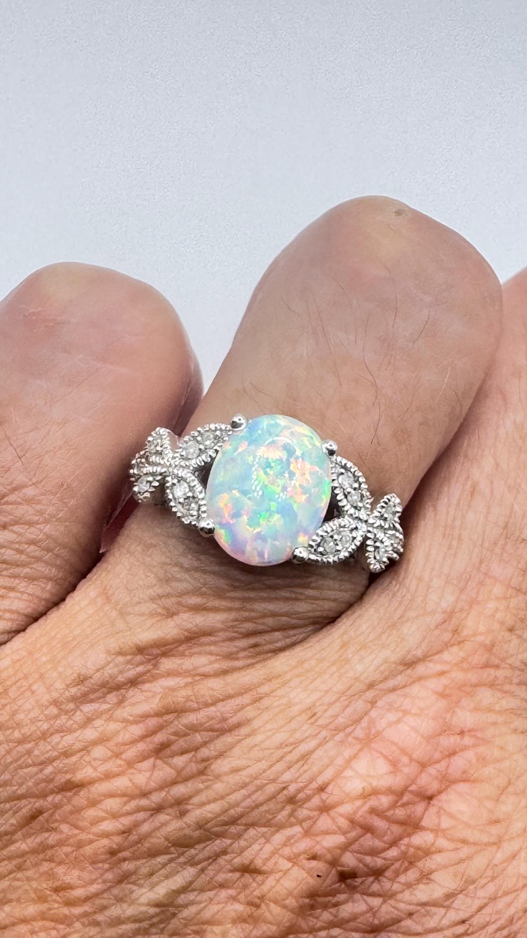Vintage White Fire Opal Ring 925 Sterling Silver Rhodium