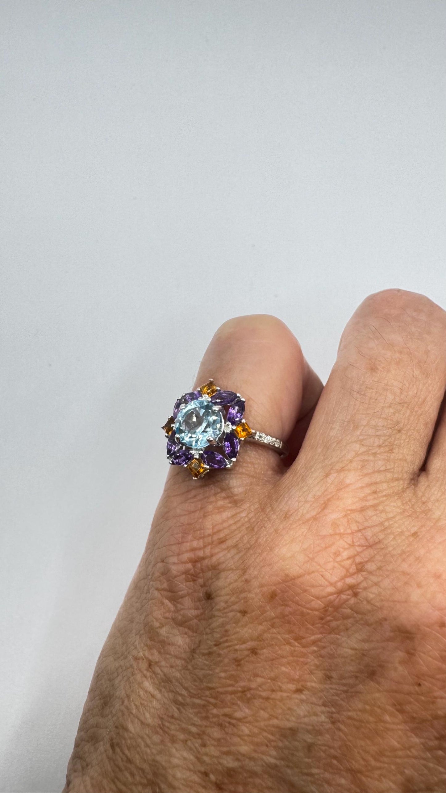 Vintage Blue Topaz and Amethyst Ring 925 Sterling Silver Gothic Cocktail