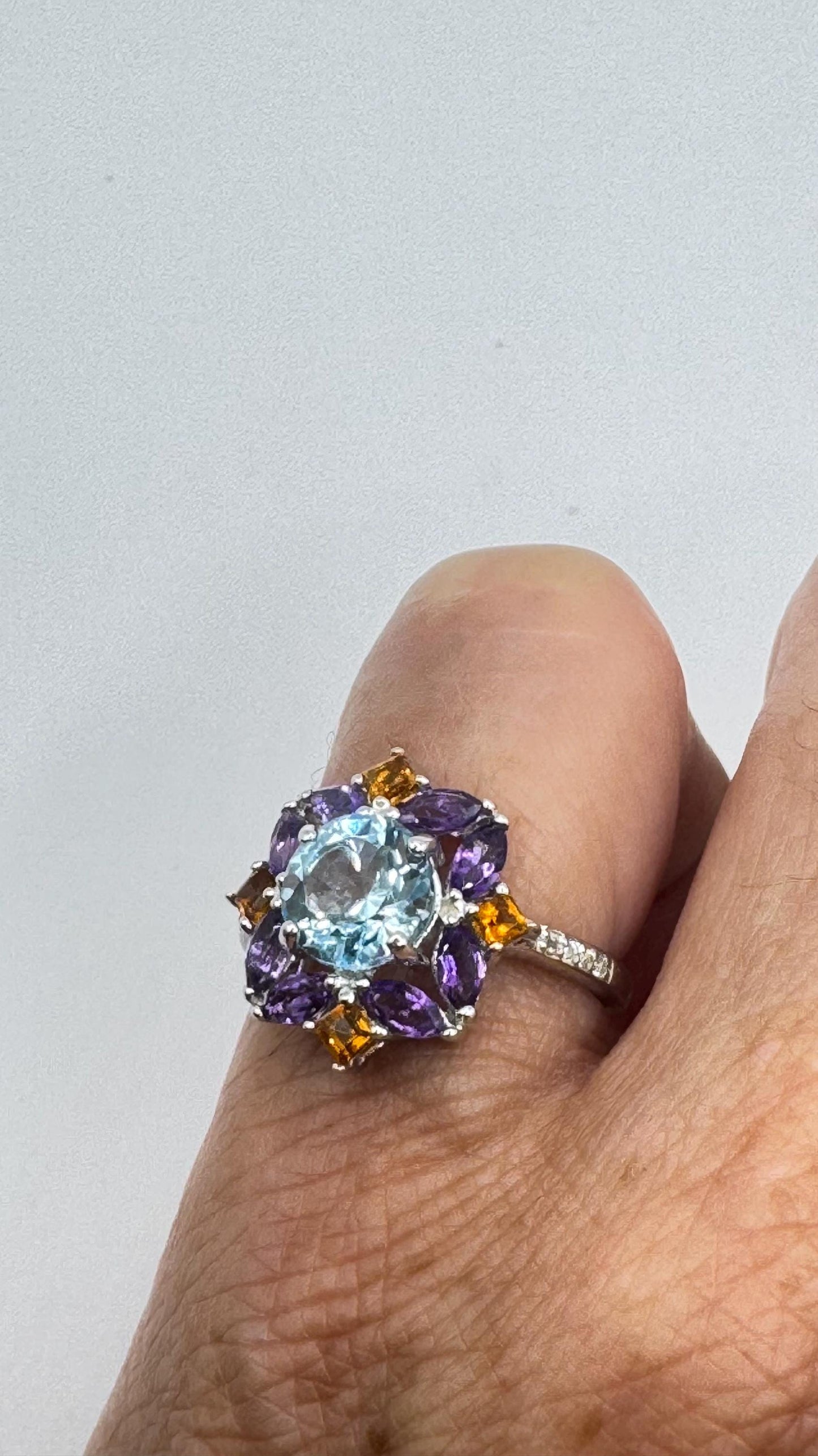 Vintage Blue Topaz and Amethyst Ring 925 Sterling Silver Gothic Cocktail