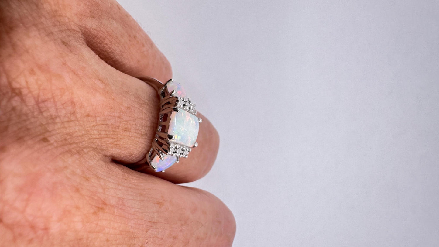 Vintage Fire Opal 925 Sterling Silver Diamond Chip Ring