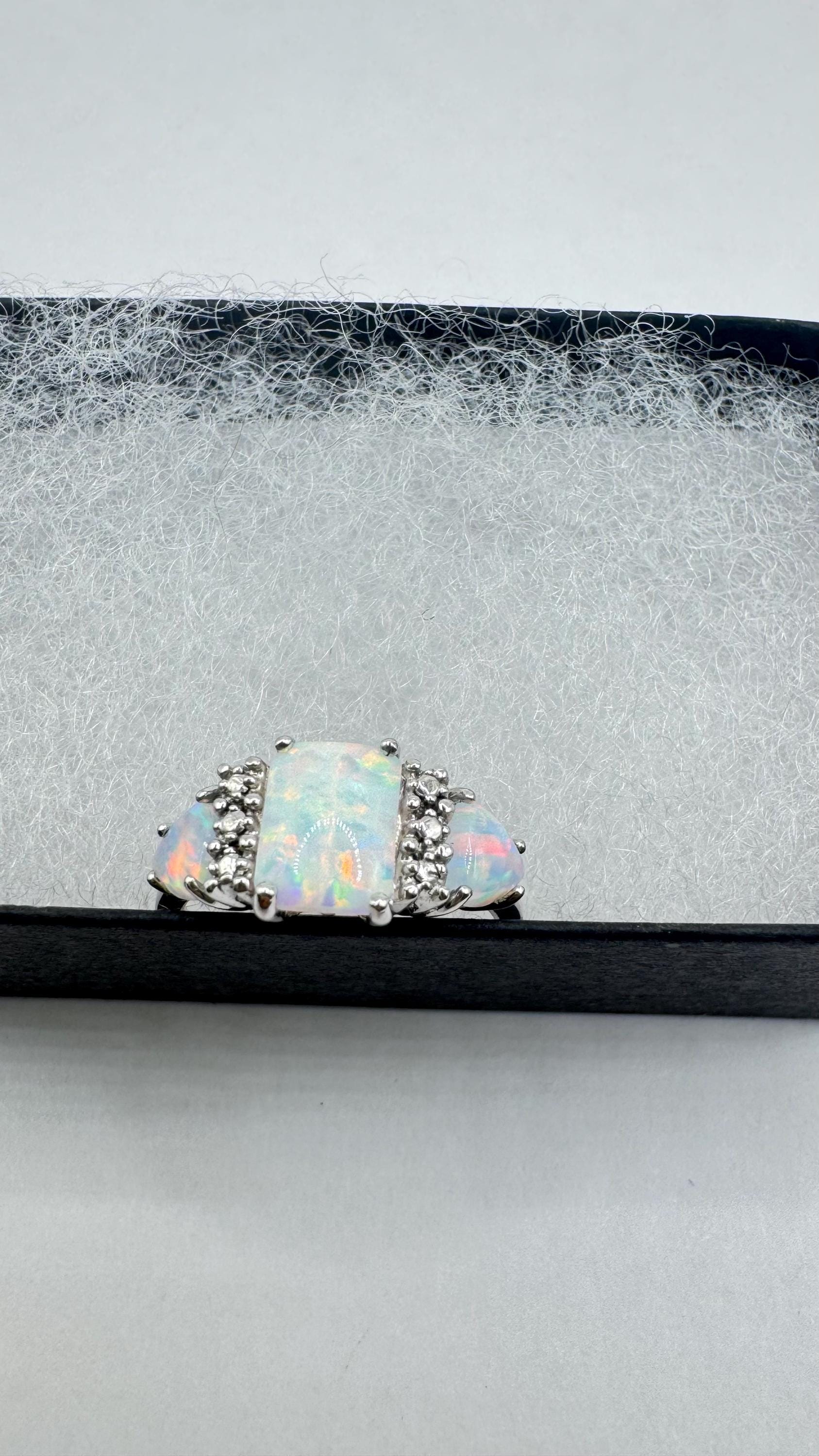 Vintage Fire Opal 925 Sterling Silver Diamond Chip Ring