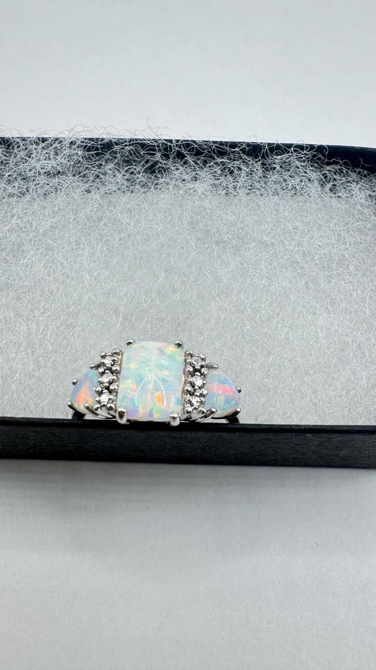 Vintage Fire Opal 925 Sterling Silver Diamond Chip Ring