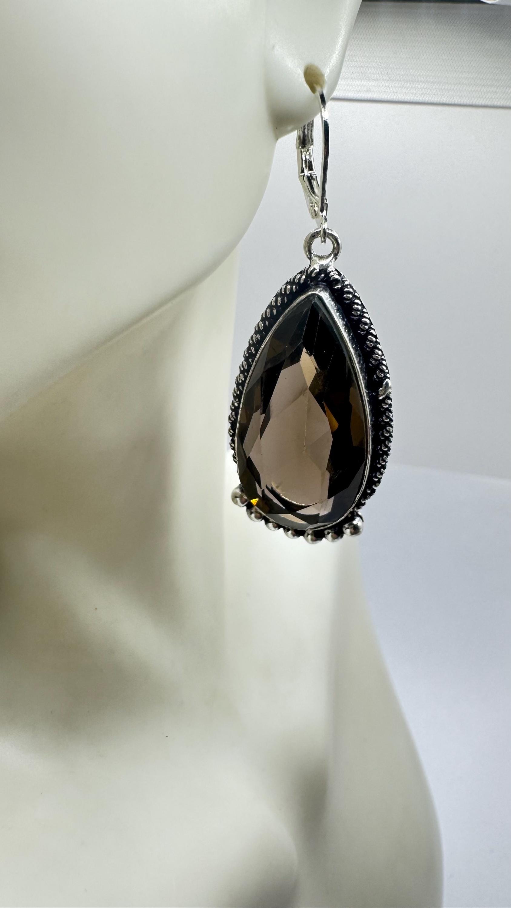 Vintage Brown Smoky Topaz 925 Sterling Silver drop Earrings
