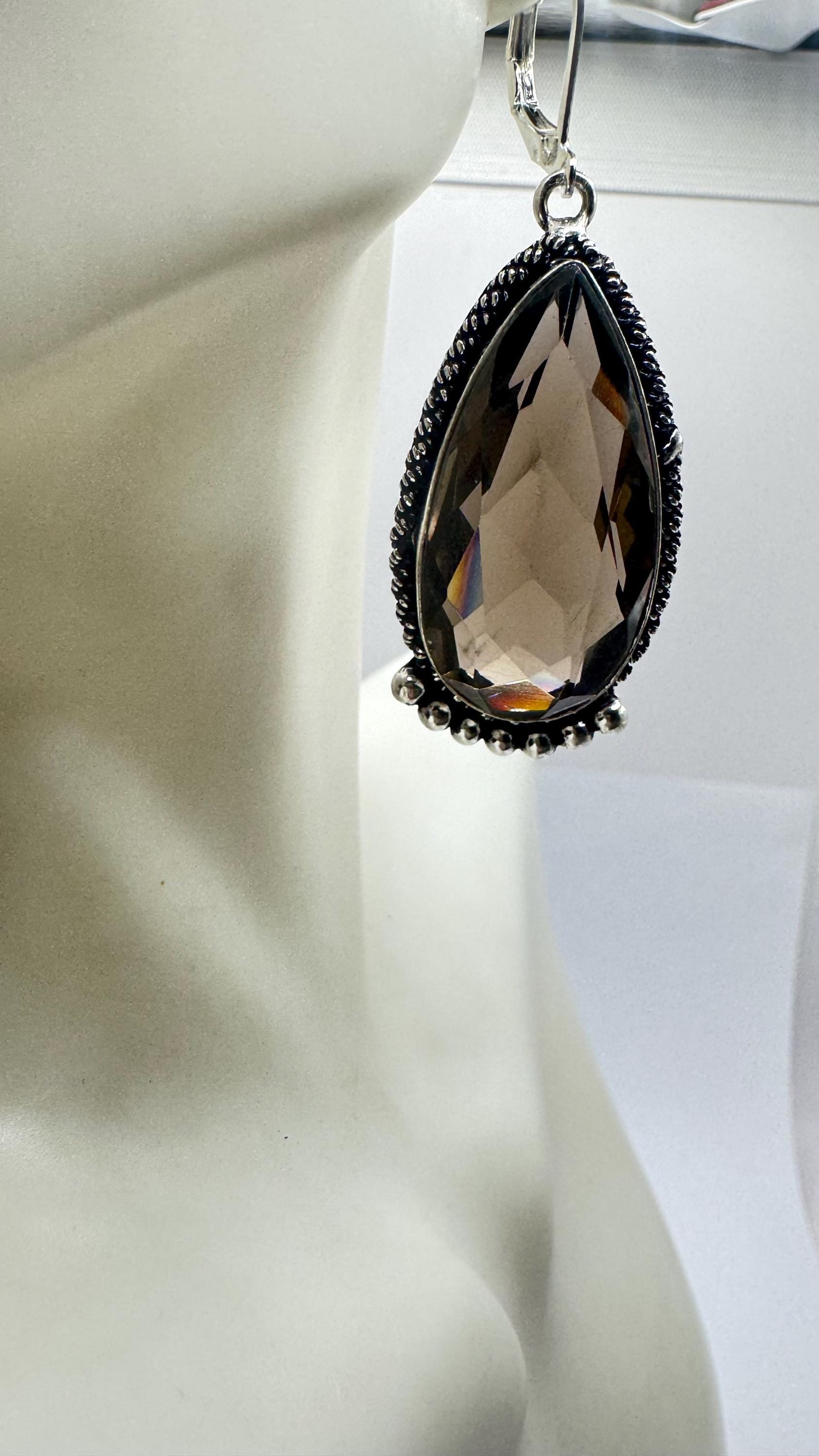 Vintage Brown Smoky Topaz 925 Sterling Silver drop Earrings
