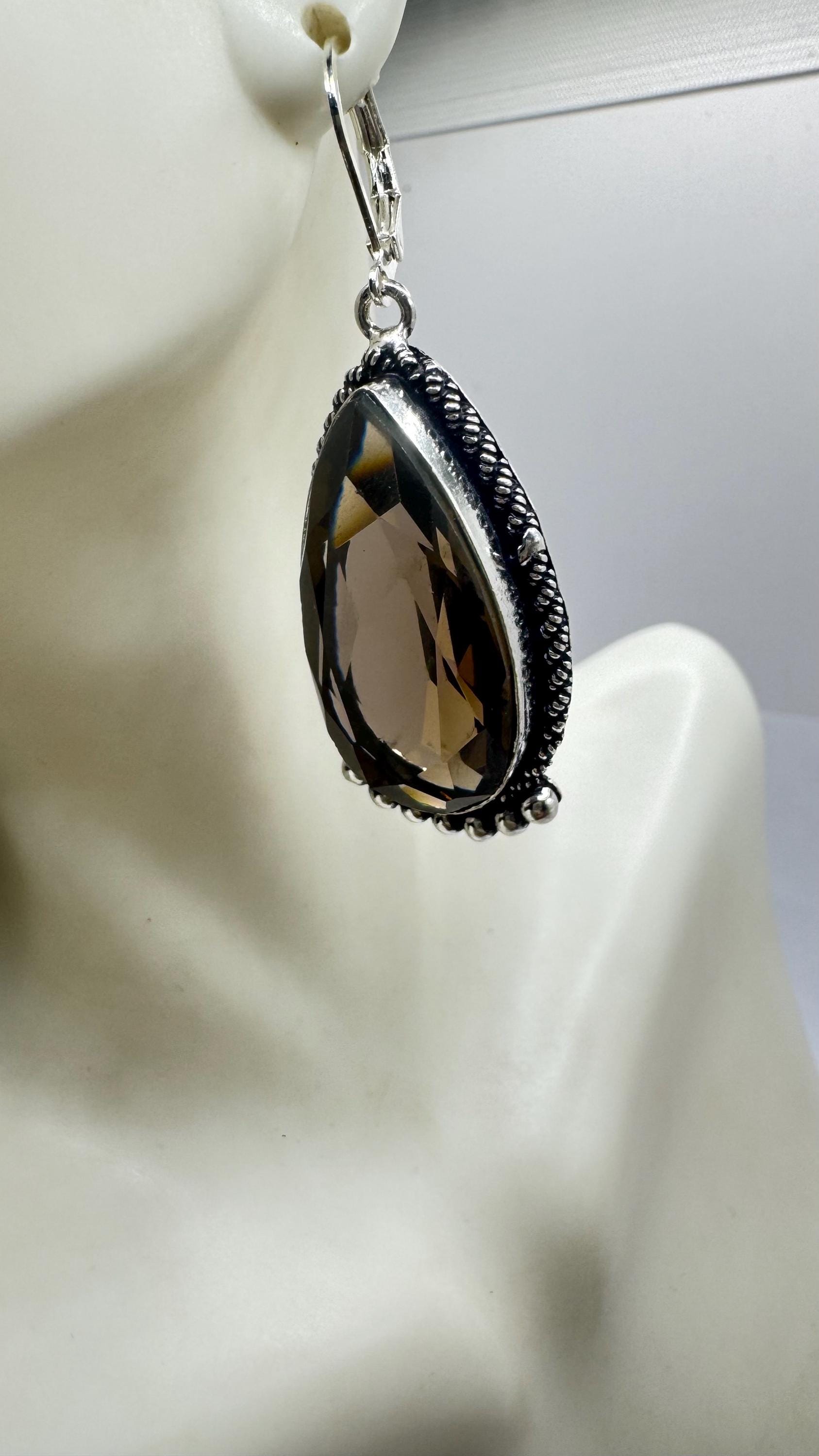 Vintage Brown Smoky Topaz 925 Sterling Silver drop Earrings