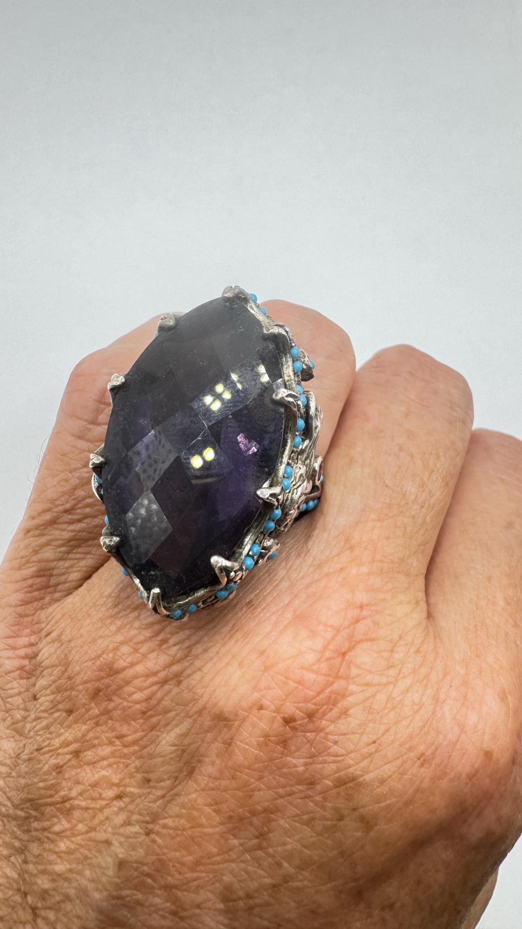 Vintage Purple Amethyst Turquoise Ruby 925 Sterling Silver Ring