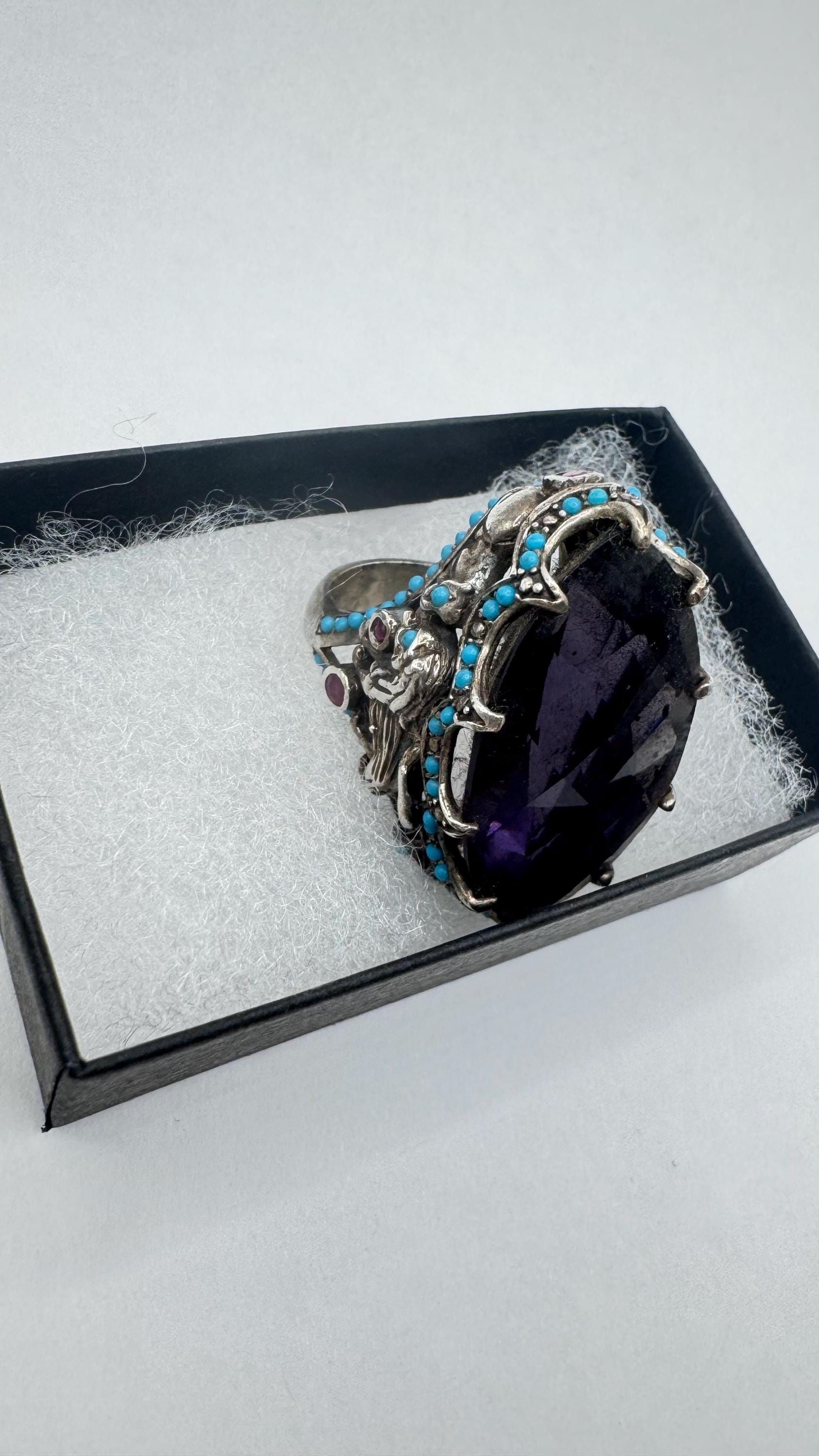 Vintage Purple Amethyst Turquoise Ruby 925 Sterling Silver Ring