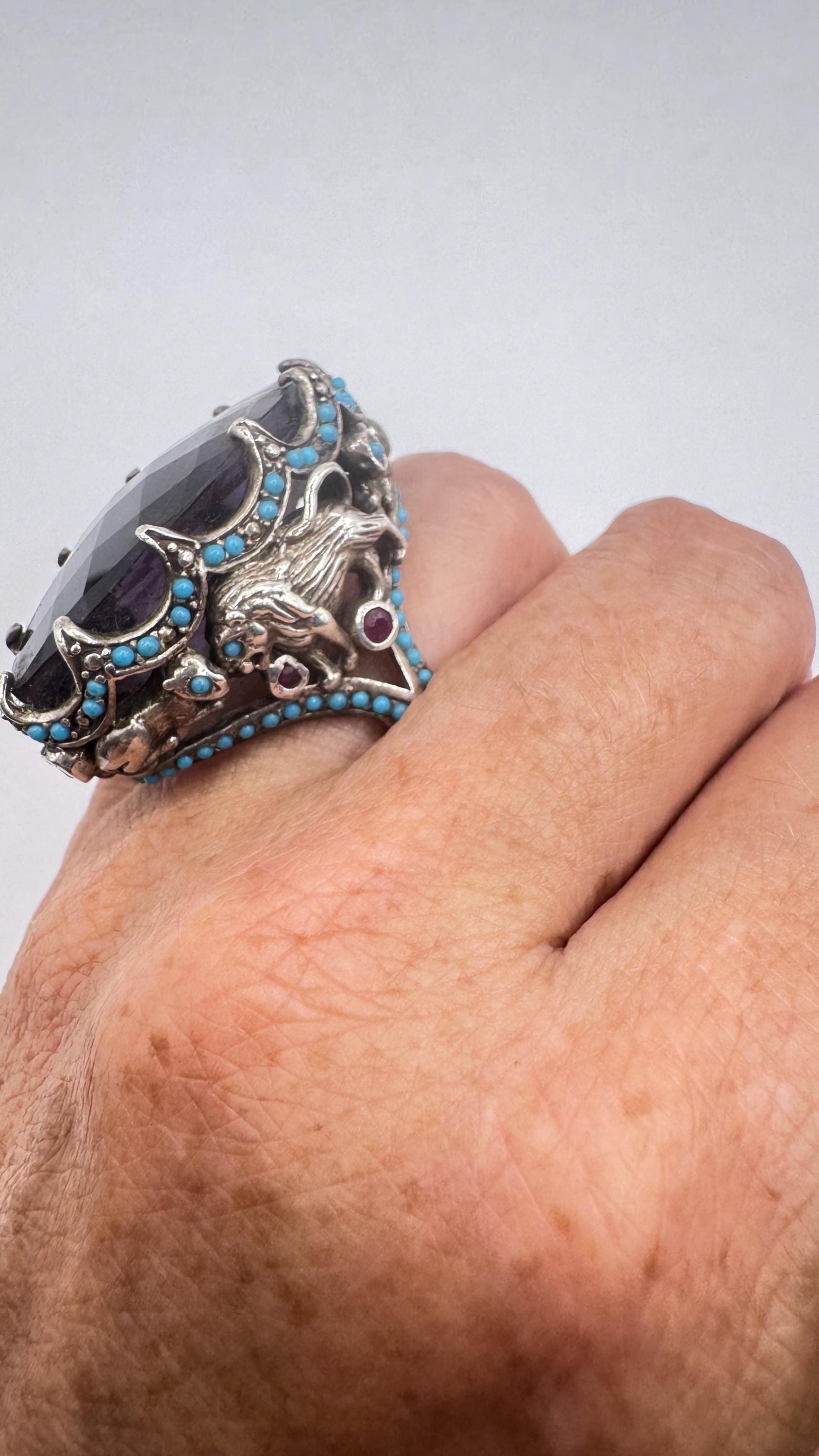 Vintage Purple Amethyst Turquoise Ruby 925 Sterling Silver Ring