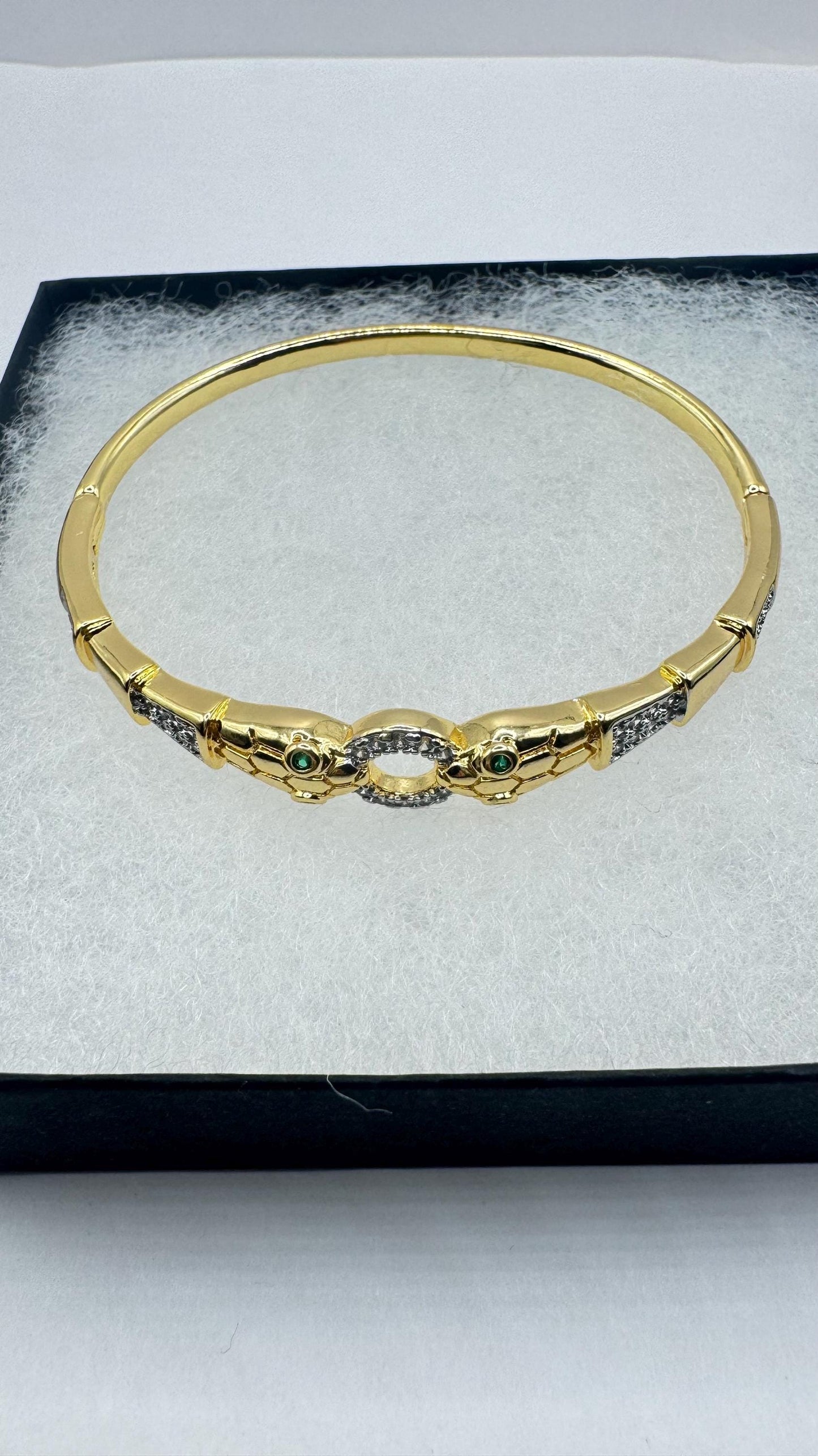 Vintage Snake Bangle Bracelet Gold filled Green Crystal Eyes